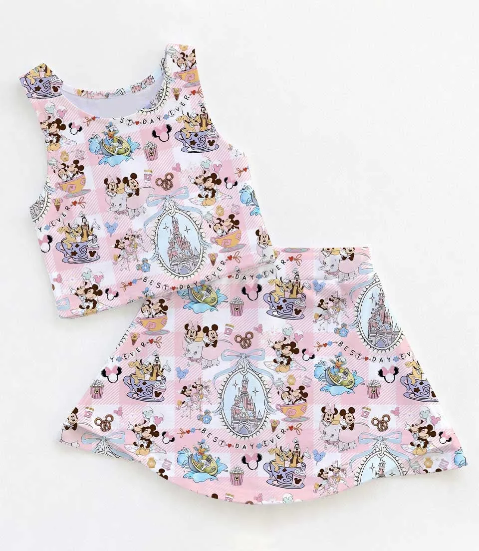 Women's Mickey & Minnie Ride Activewear Set, Pink Plaid Athletic Dress & Skort Outfit