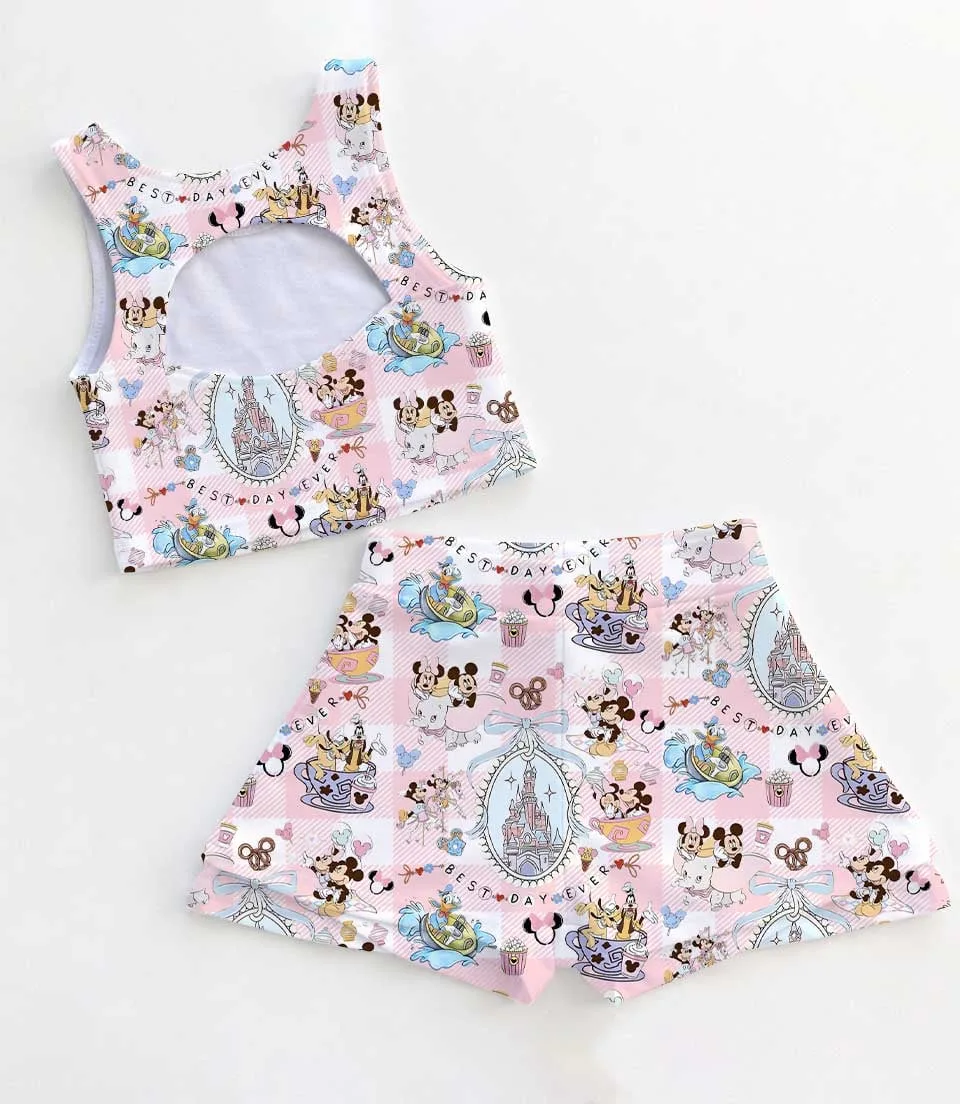 Women's Mickey & Minnie Ride Activewear Set, Pink Plaid Athletic Dress & Skort Outfit - Image 2