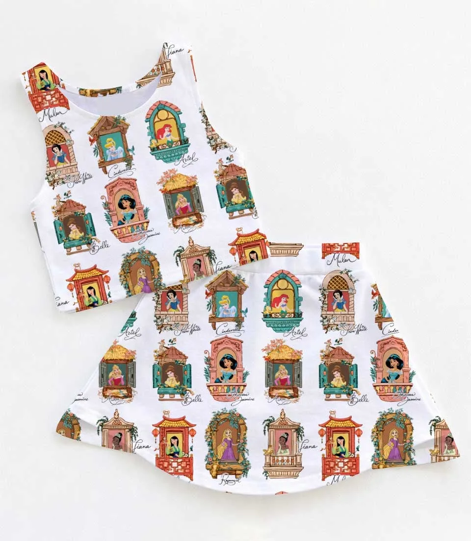 Retro Disney Princess Dress Set, Rapunzel Belle Cinderella Summer Vacation Outfit