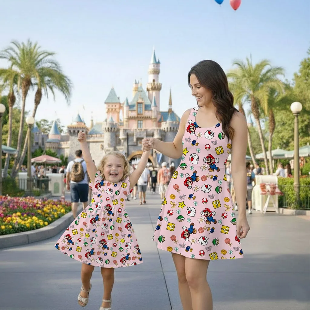 Super Mario Pink Pattern Mommy & Me Dress, Mama Mini Family Matching Outfit - Image 2