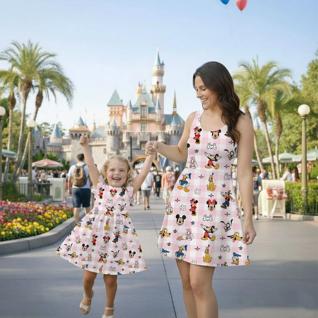 Mickey Friends Pink Plaid Mommy & Me Dress, Mama Mini Family Matching Outfit - Image 2