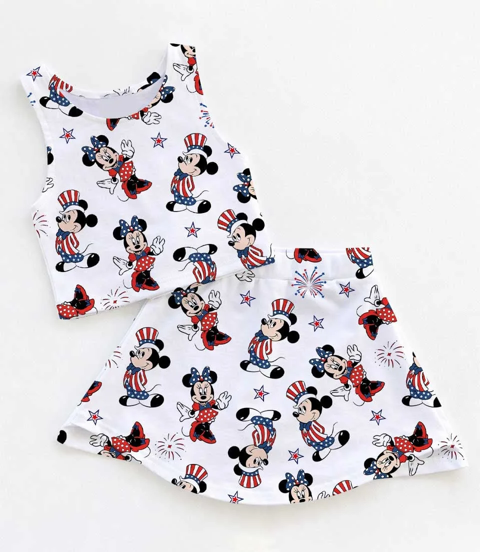 Women's Patriotic Mickey Activewear Set, USA Flag Athletic Dress & Skort Outfit, Red White Blue 4th Of July Matching