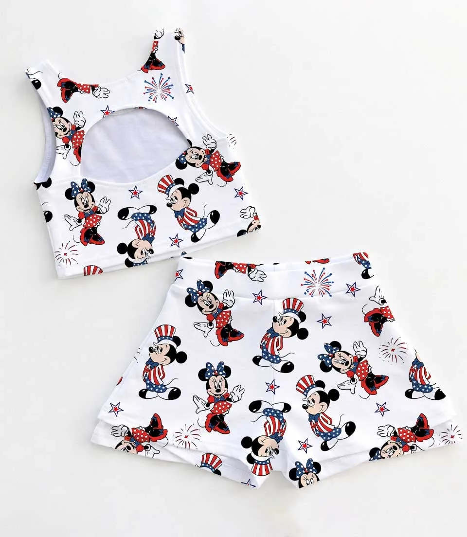 Women's Patriotic Mickey Activewear Set, USA Flag Athletic Dress & Skort Outfit, Red White Blue 4th Of July Matching - Image 2