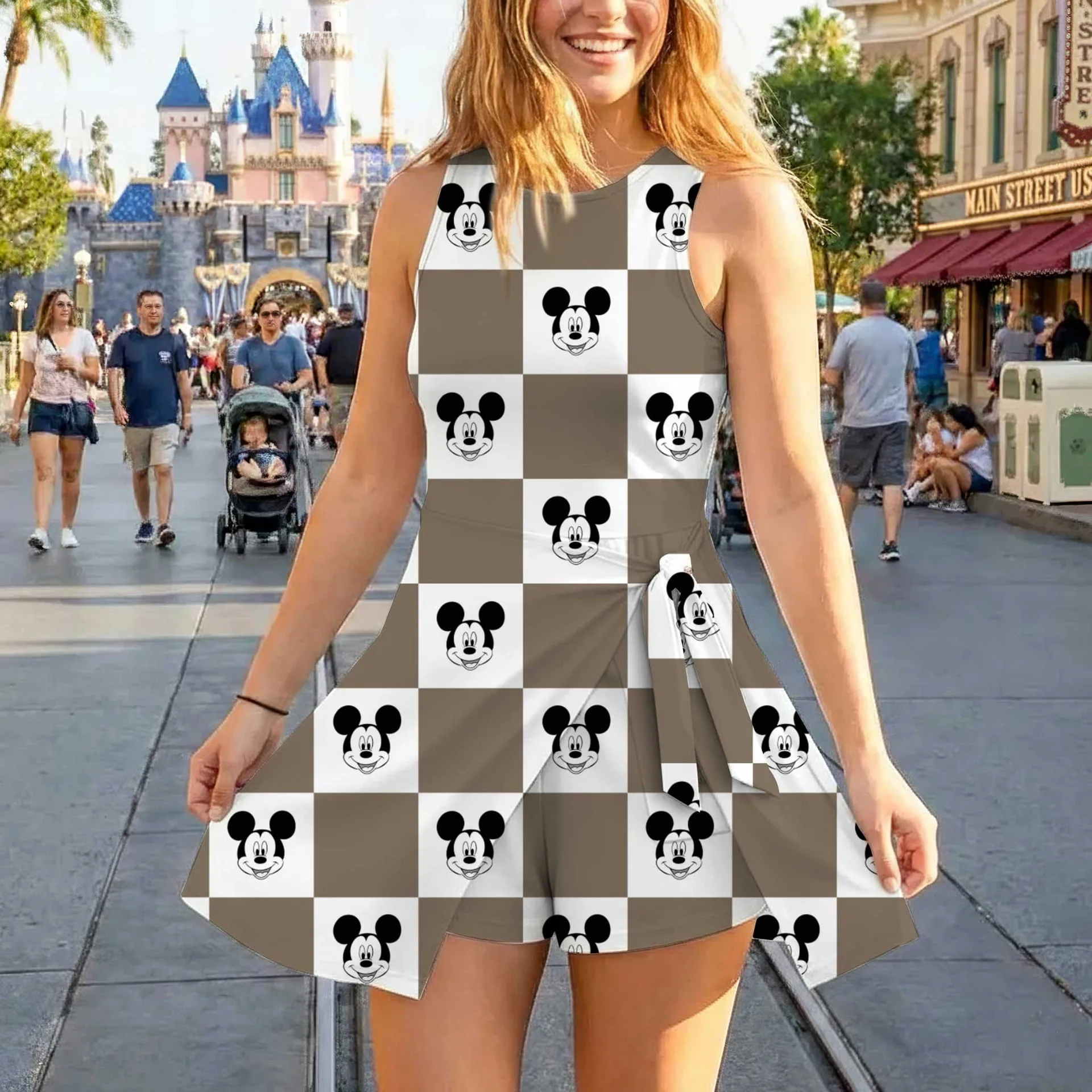 Girls Neutral Mickey Checkerboard Tennis Dress Skirt, Family Matching Disney Outfit - Image 3