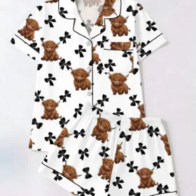 Coquette Cow Satin Pajamas Set, Cowgirl Pajamas Set, Farm Animal Women Pajamas, Highland Cow Shirt - Image 3