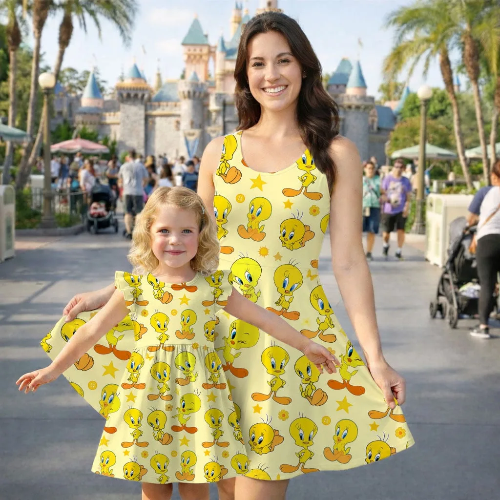 Tweety Bird Character Pattern Mommy & Me Dress, Mama Mini Family Matching Outfit - Image 2