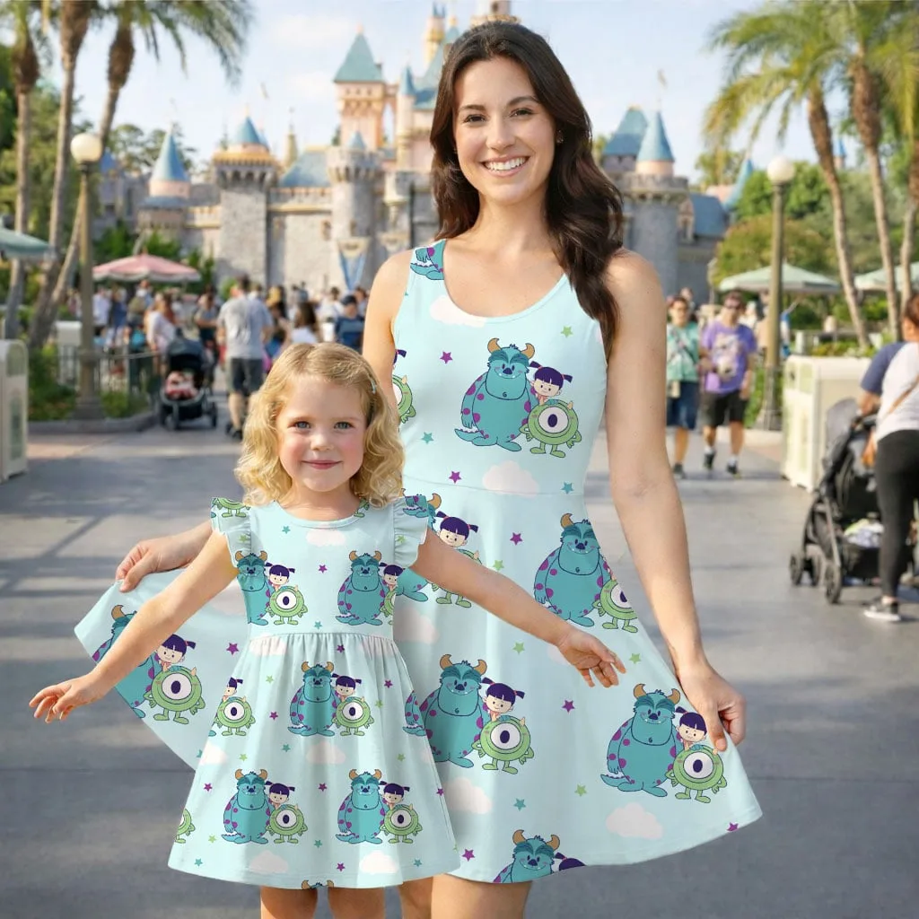 Disney Monsters Inc Cute Character Pattern Mommy & Me Dress, Mama Mini Family Matching Outfit - Image 2