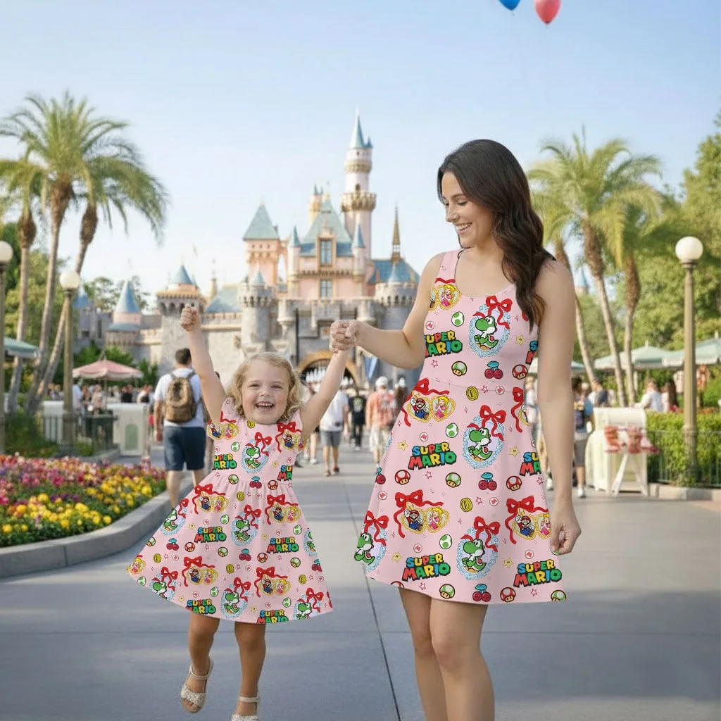 Super Mario Character Pattern Mommy & Me Dress, Mama Mini Family Matching Outfit - Image 2