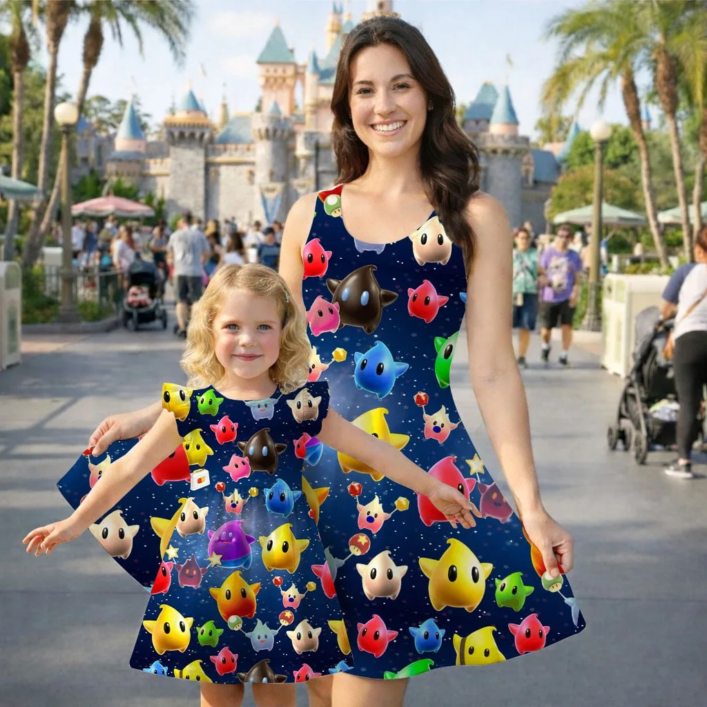 Super Mario Galaxy Character Pattern Mommy & Me Dress, Mama Mini Family Matching Outfit - Image 2