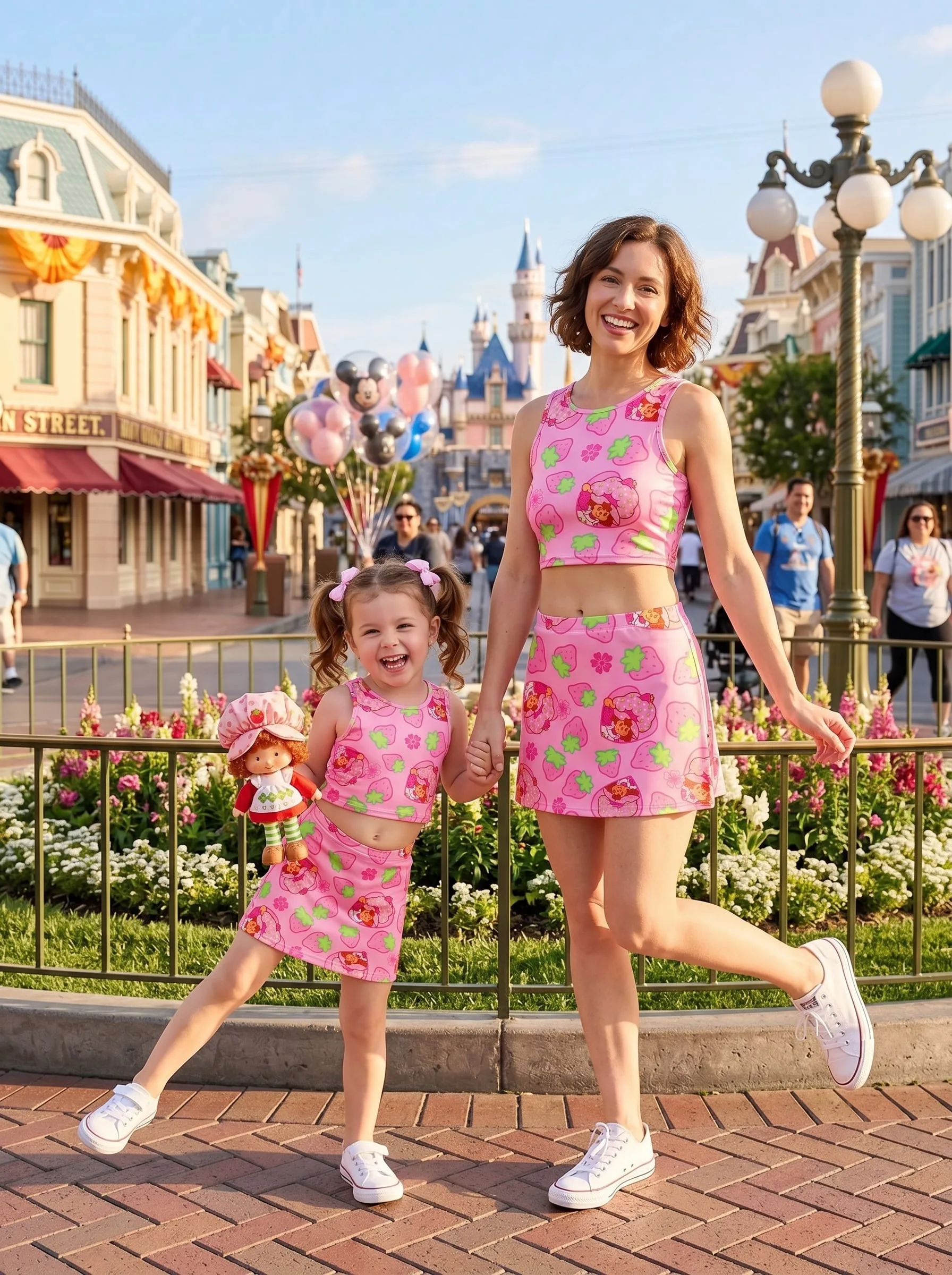 Strawberry Shortcake Dress Set, Cartoon Skirt Set, Mom And Me Matching Dress Set, Theme Park Vacation Outfit, Cute Family Trip Outfit - Image 2
