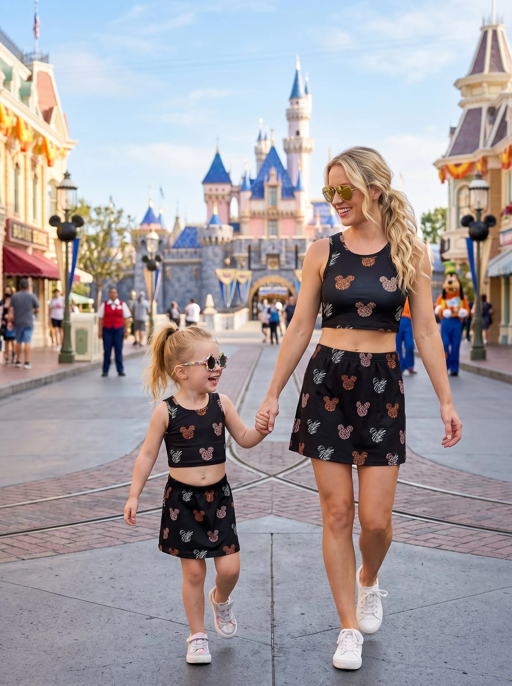 Leopard Mickey Dress Set, Cartoon Skirt Set, Mom And Me Matching Dress Set, Theme Park Vacation Outfit, Cute Family Trip Outfit