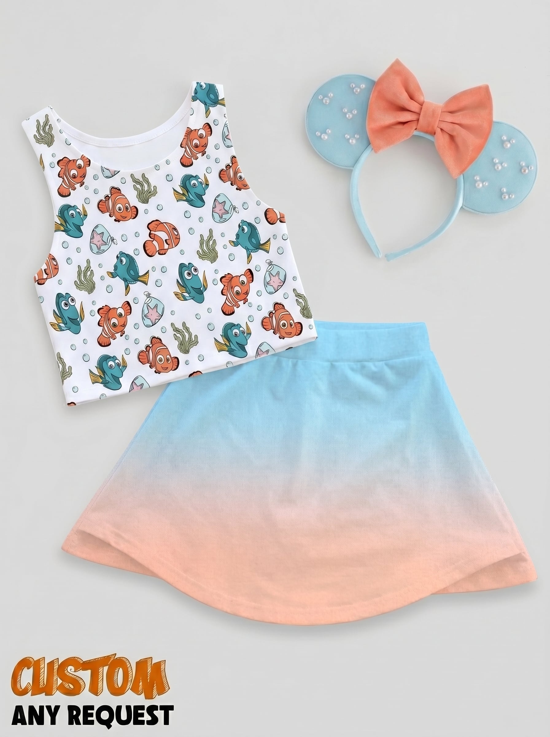 Finding Nemo Ombre Matching Dress Set, Mom And Me Cartoon Outfit, Disneyland Family Trip Clothes