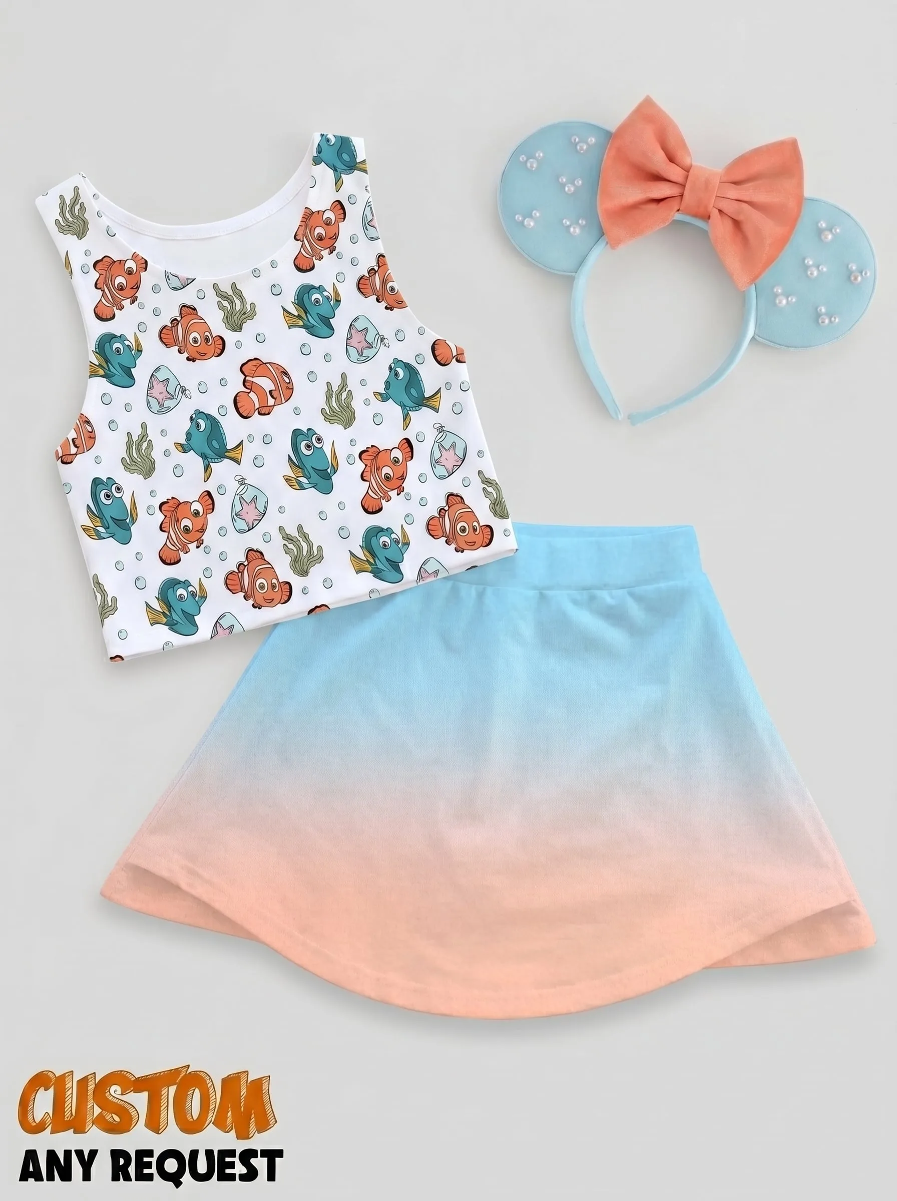 Finding Nemo Ombre Matching Dress Set, Mom And Me Cartoon Outfit, Disneyland Family Trip Clothes