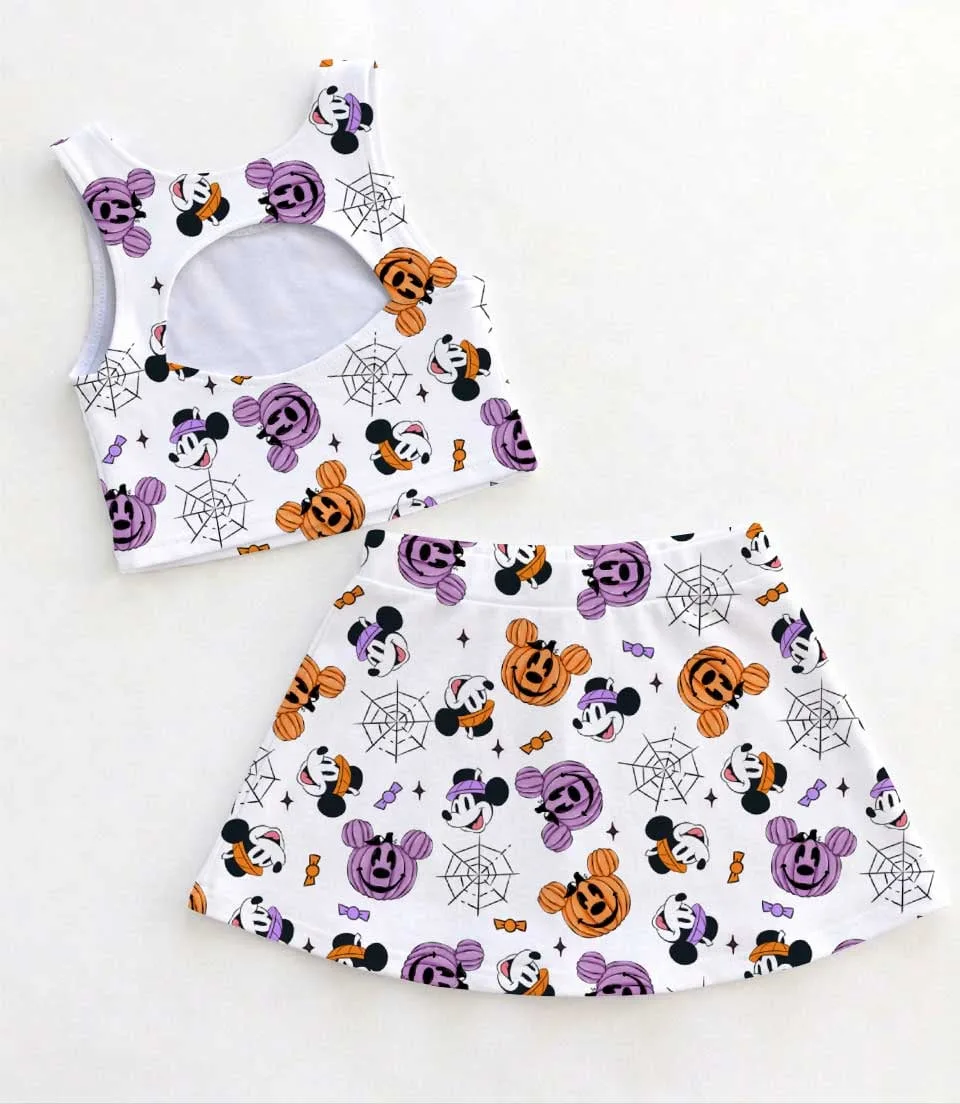 Disney Inspired Halloween Family Matching Dress Set, Mickey Pumpkin Crop Top and Skirt Dress Set, Spooky Cute Mom and Me Costume Outfit - Image 2