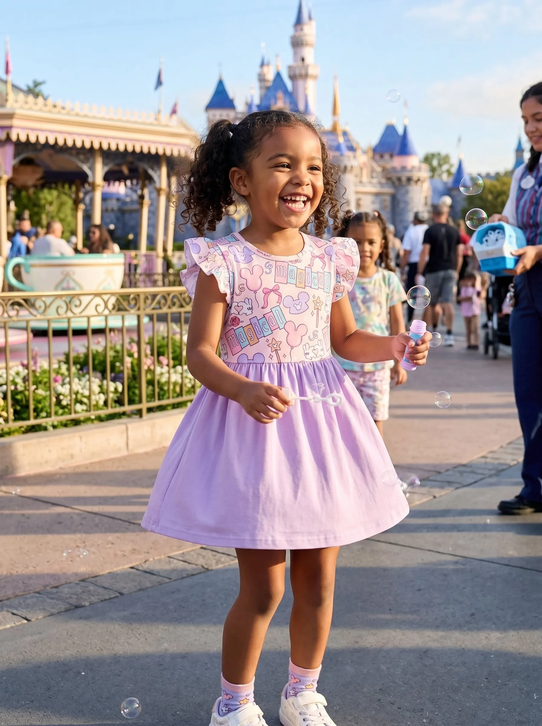 Magical Mickey Castle Ruffle Sleeve Dress Kids, White Pastel Disneyland Vacation Dress - Image 5