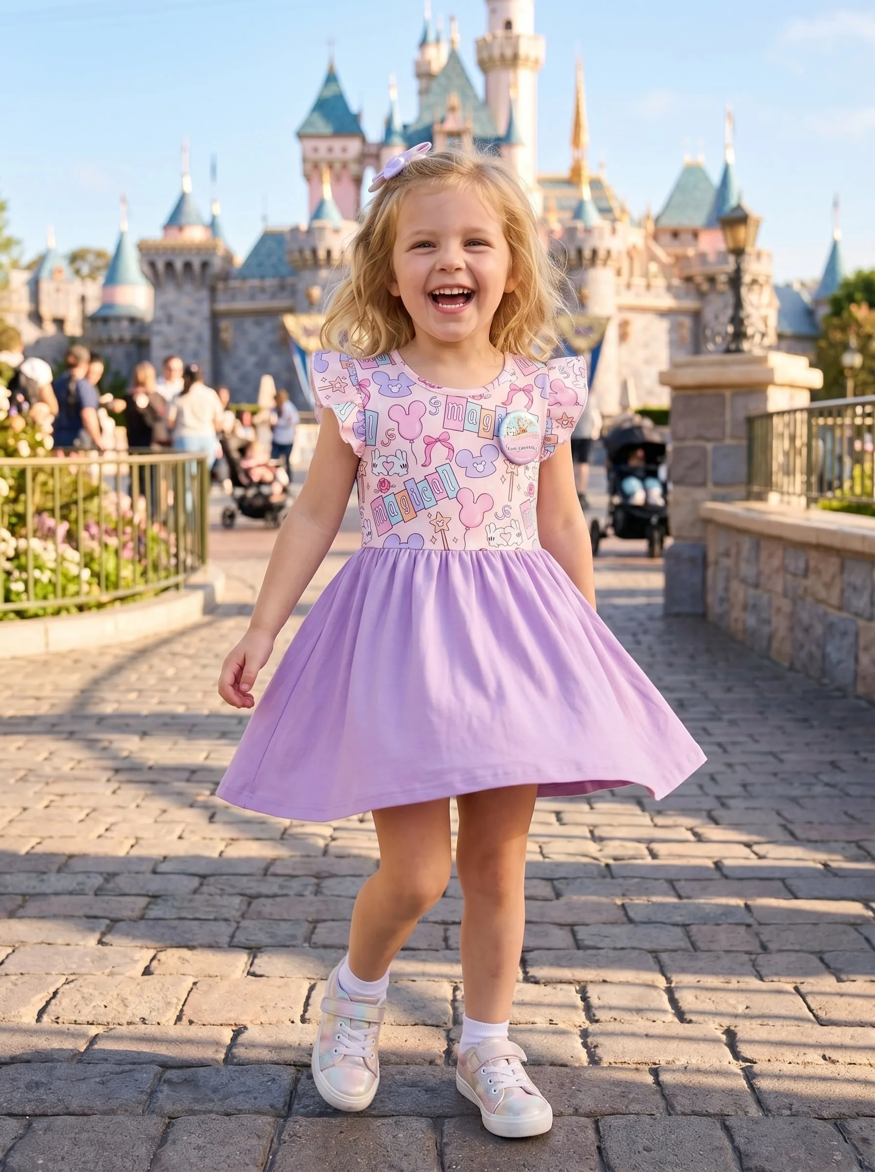 Magical Mickey Castle Ruffle Sleeve Dress Kids, White Pastel Disneyland Vacation Dress - Image 4