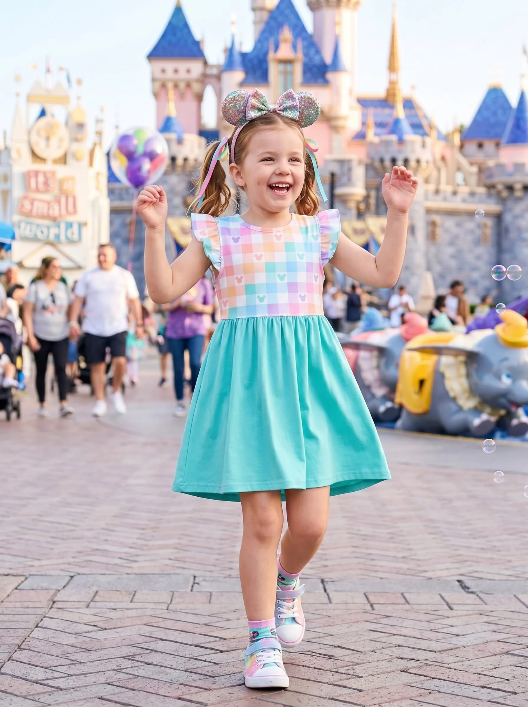 Mickey Checkered Pastel Ruffle Dress, Mickey Ears Magic Kingdom Dress - Image 4