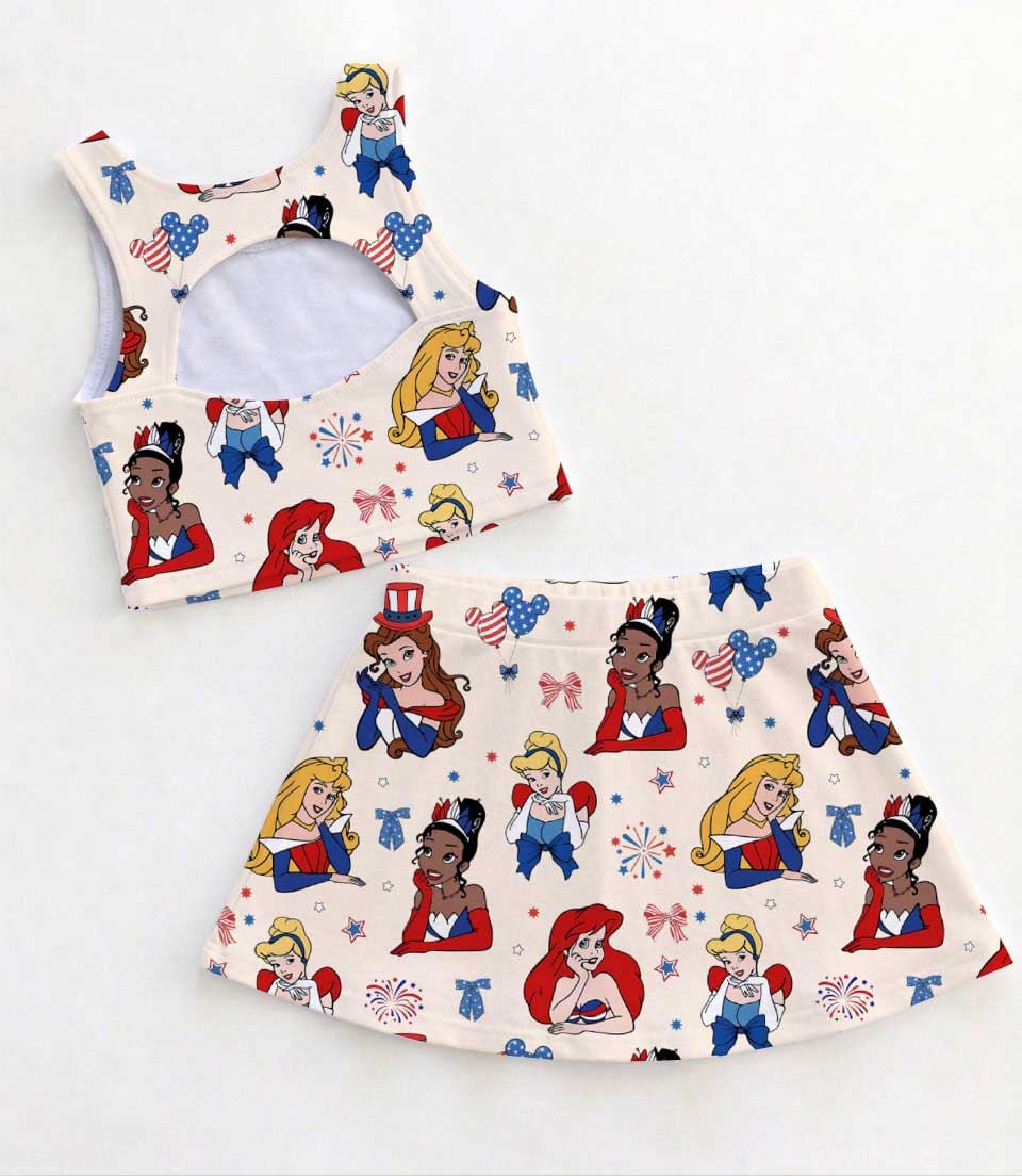 Disney Princess Family Matching Dress Set, Cinderella Ariel Belle Tiana Snow White Two Piece Dress Set, USA Patriotic Fireworks Mom and Me Outfit Costume - Image 2