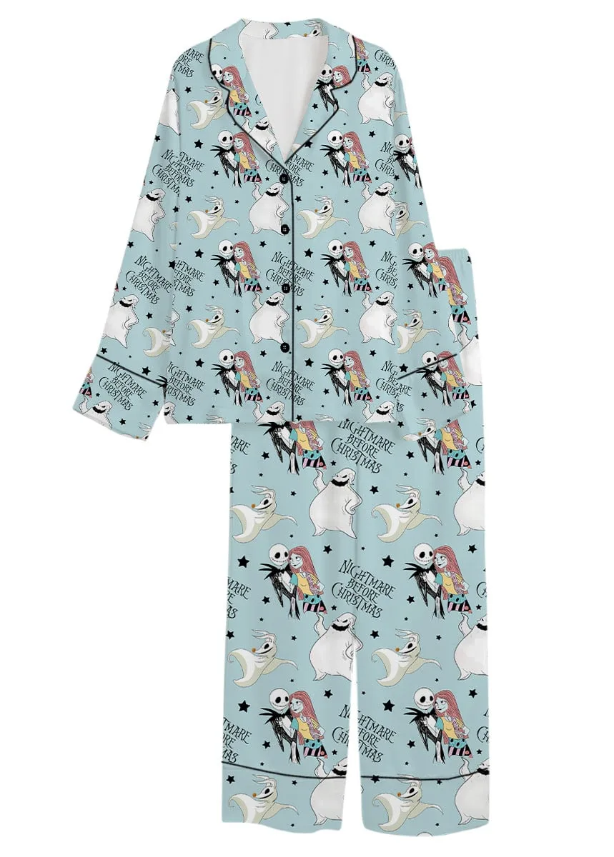 Nightmare Before Christmas Satin Pajamas Set, Jack Skellington Sally Sleepwear, Disney Halloween Pajama Set