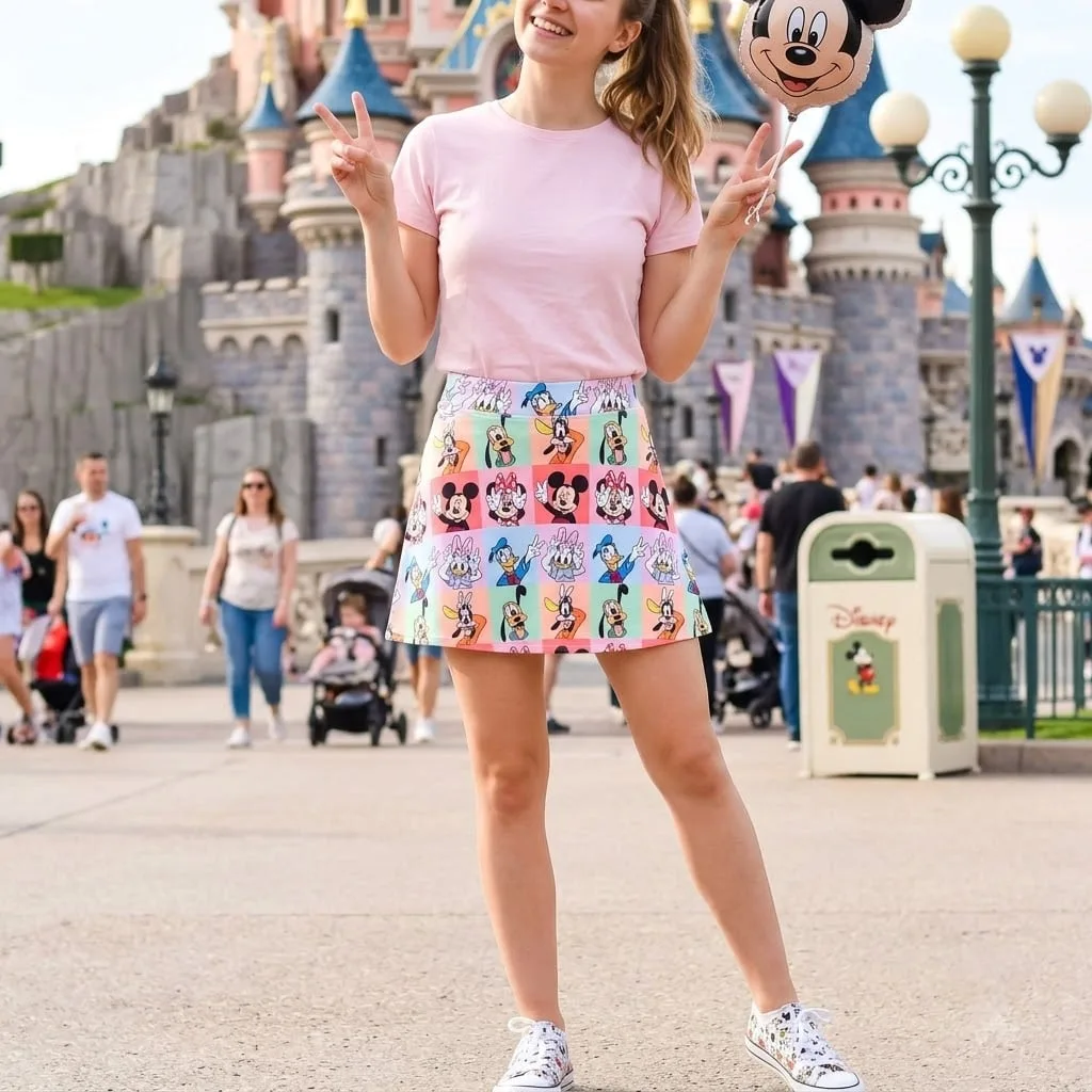 Mickey And Friends Patchwork Skater Skirt, Disney Park Vacation Outfit, Pastel Disney Character Skirt - Image 2