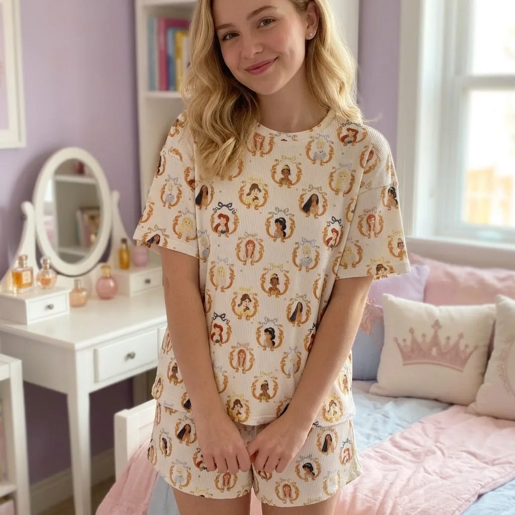 Disney Princess Heavyweight Cotton Waffle Knit Loungewear Set, Princess Pajama Outfit - Image 3