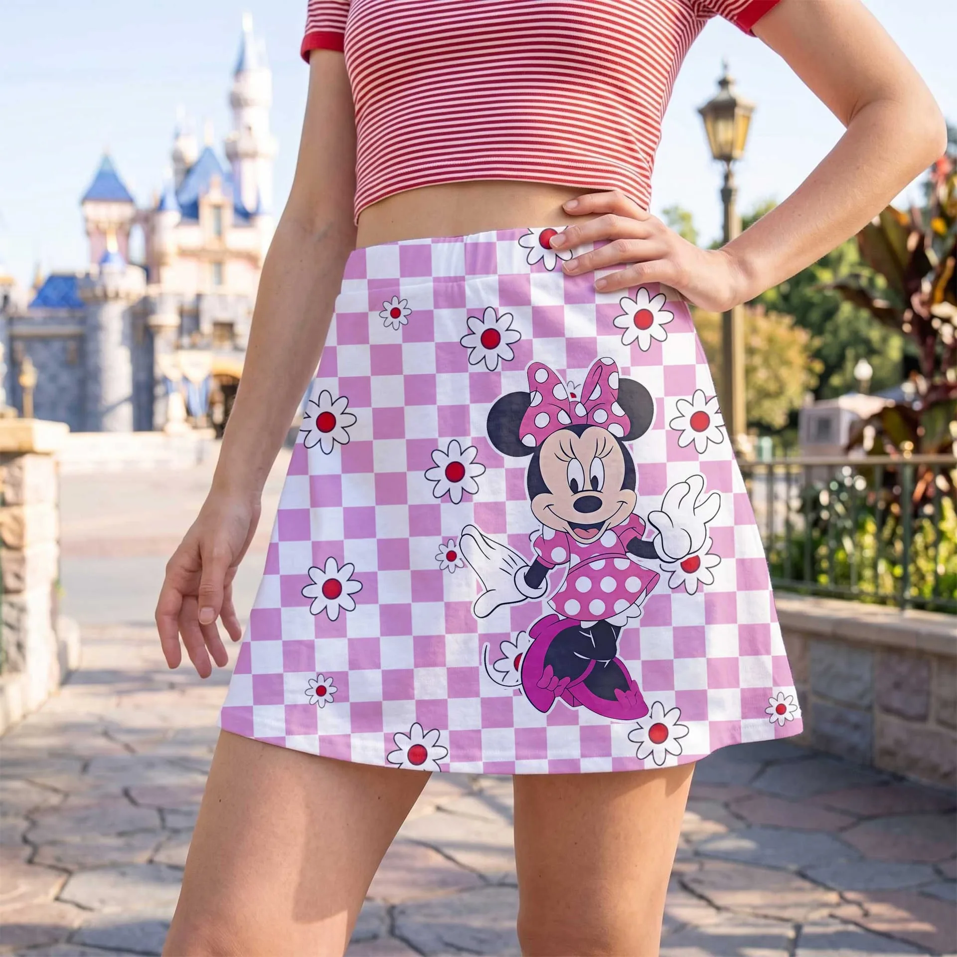 Pink Minnie Mouse Checkerboard Skater Skirt, Disney Park Vacation Outfit, Daisy Floral Disney Skirt - Image 3