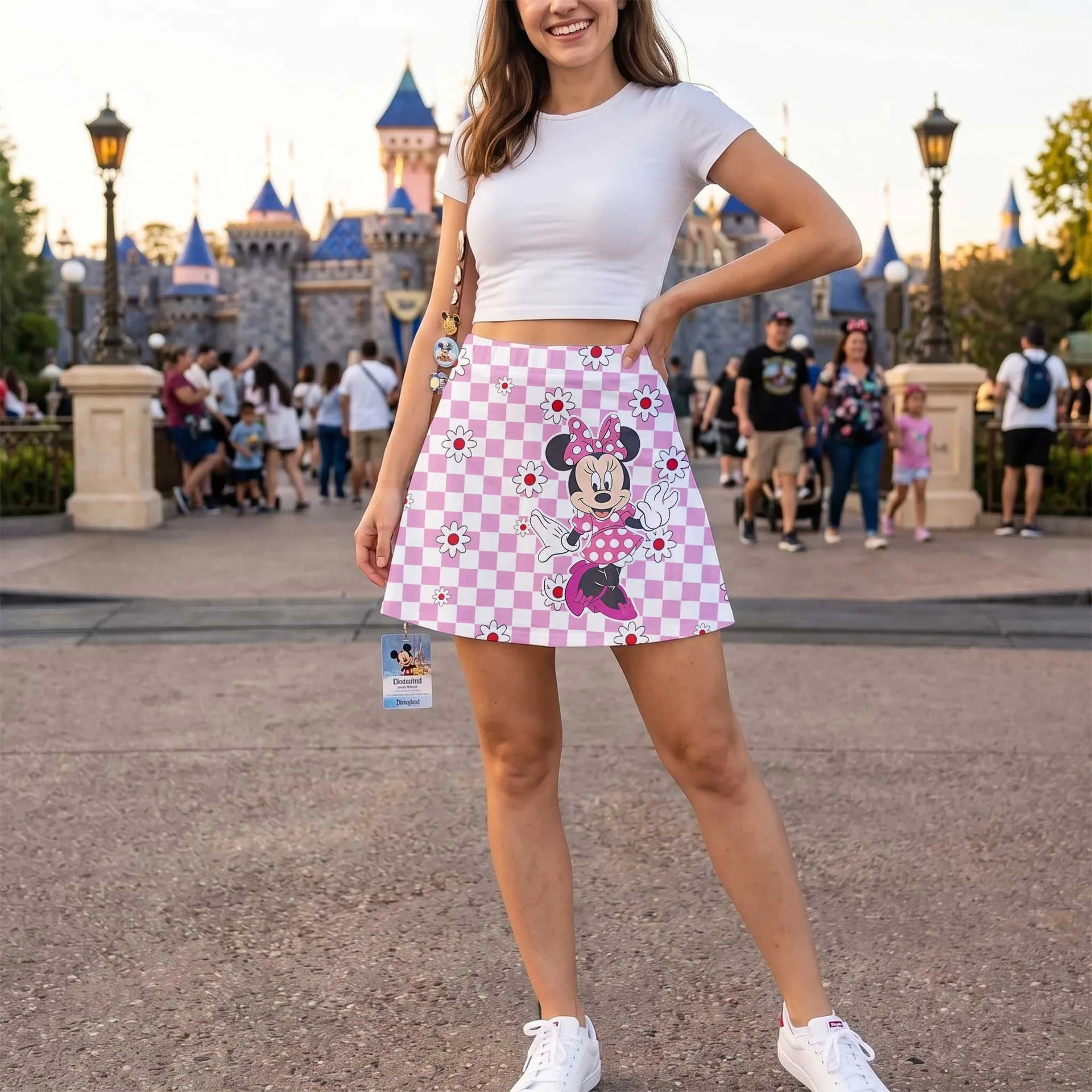 Pink Minnie Mouse Checkerboard Skater Skirt, Disney Park Vacation Outfit, Daisy Floral Disney Skirt - Image 4