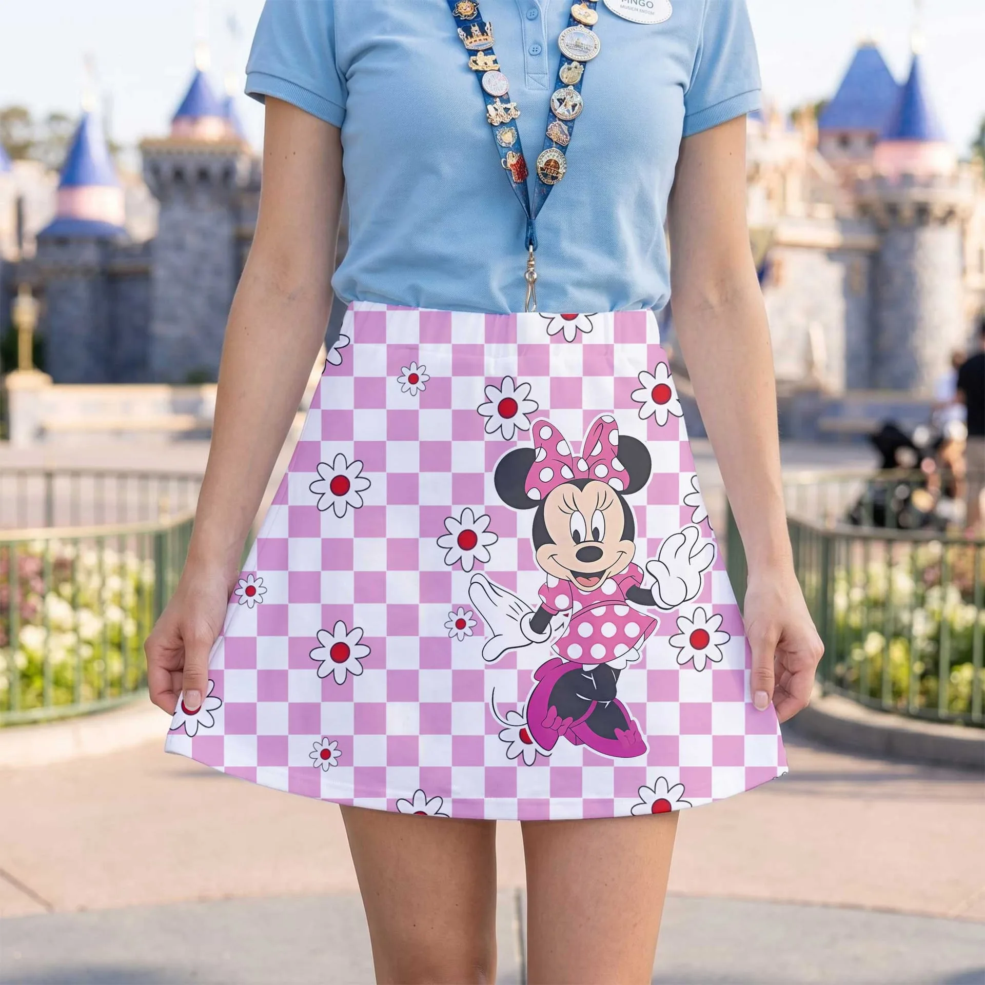Pink Minnie Mouse Checkerboard Skater Skirt, Disney Park Vacation Outfit, Daisy Floral Disney Skirt - Image 2