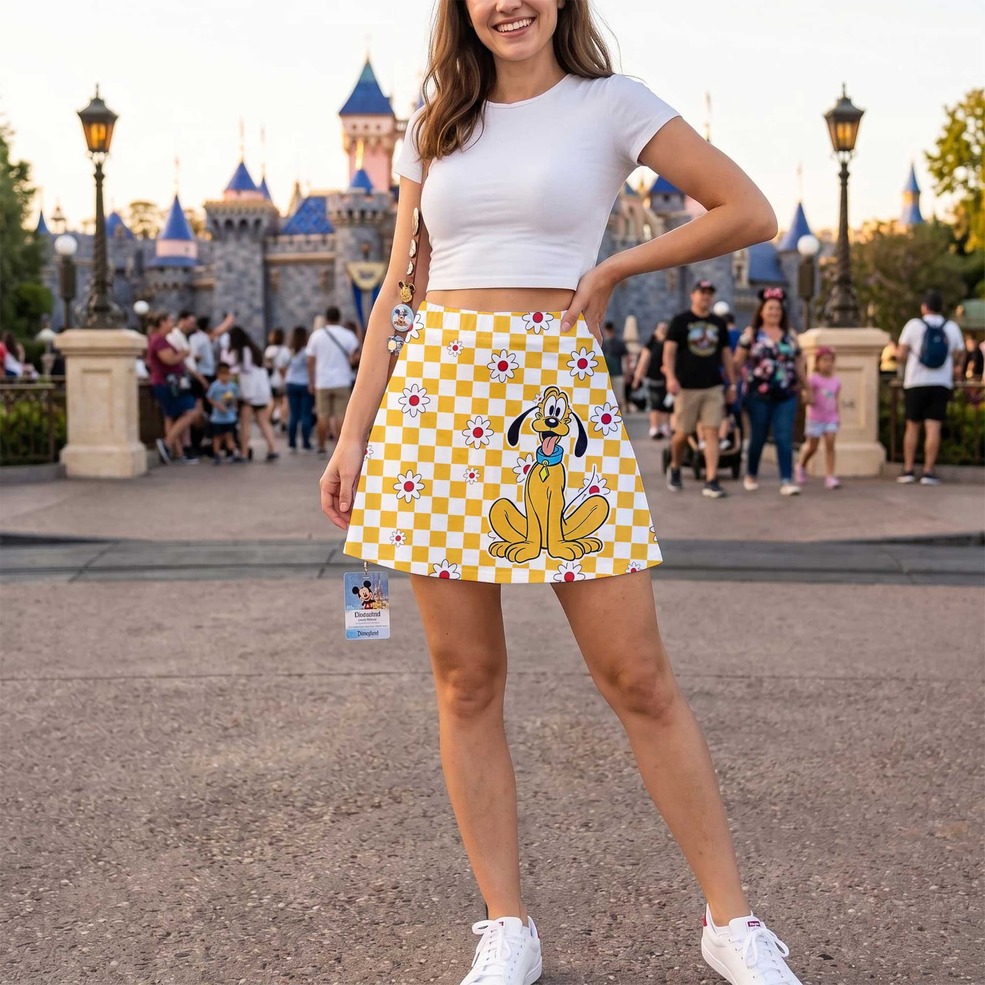 Pluto Checkerboard Skater Skirt, Disney Park Vacation Outfit, Retro Daisy Floral Disney Skirt - Image 3