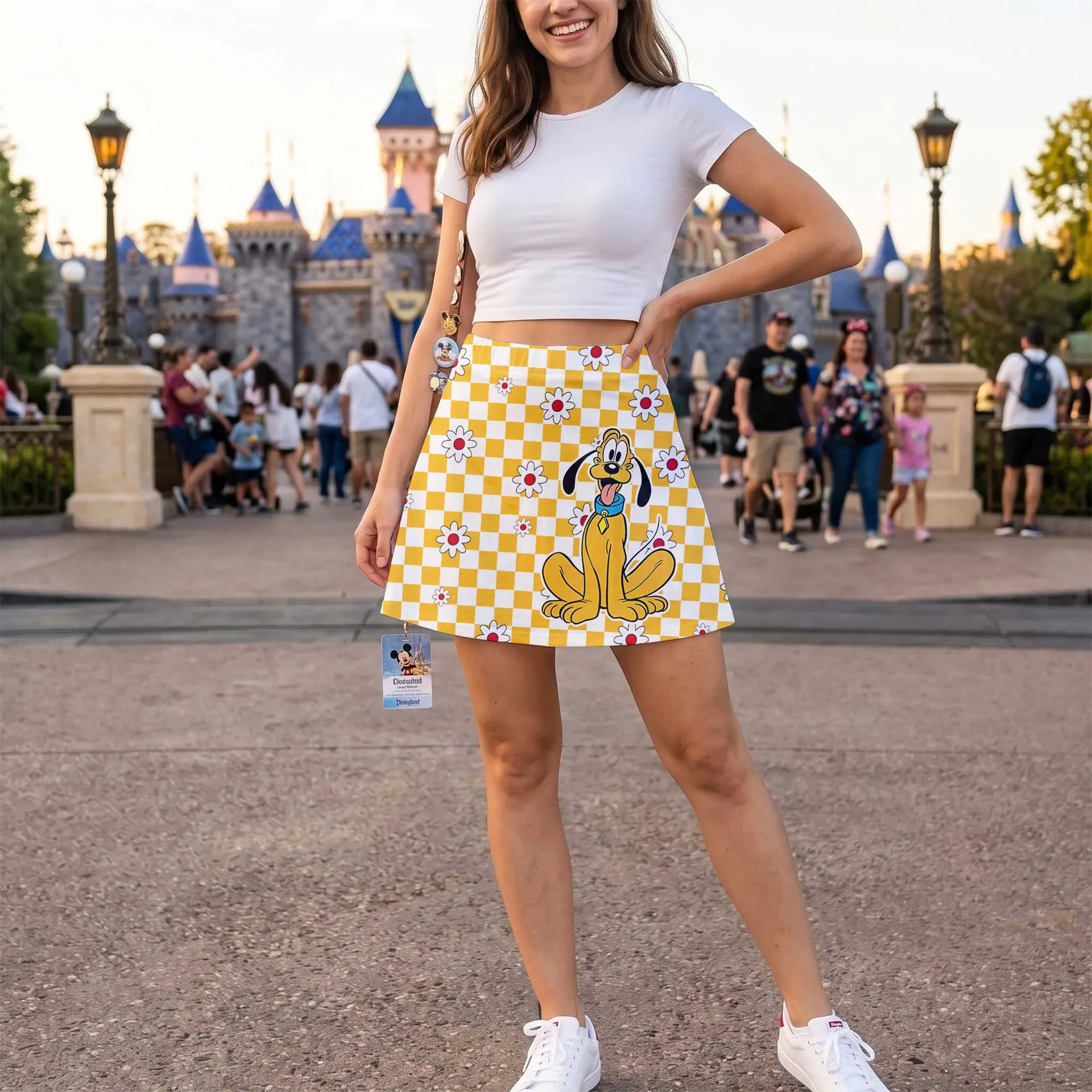 Pluto Checkerboard Skater Skirt, Disney Park Vacation Outfit, Retro Daisy Floral Disney Skirt - Image 3
