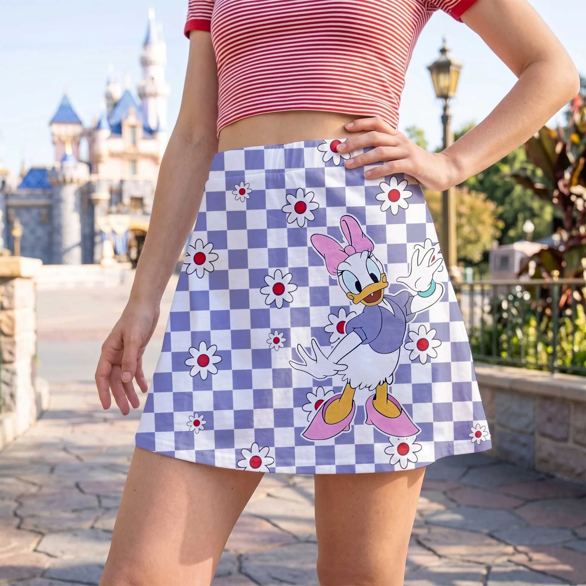 Pastel Daisy Duck Checkerboard Skater Skirt, Disney Park Vacation Outfit, Daisy Duck Spring Skirt - Image 2