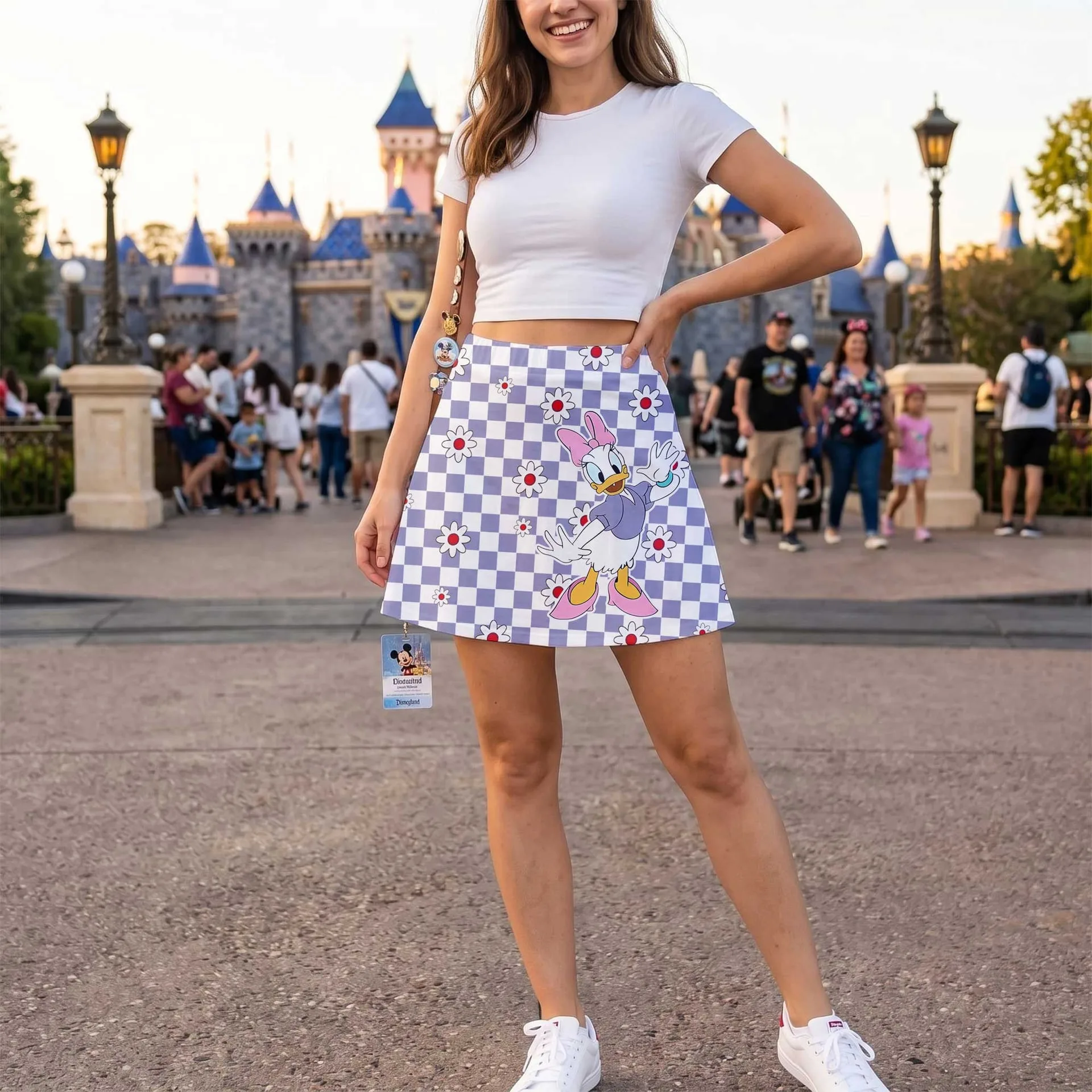 Pastel Daisy Duck Checkerboard Skater Skirt, Disney Park Vacation Outfit, Daisy Duck Spring Skirt - Image 3
