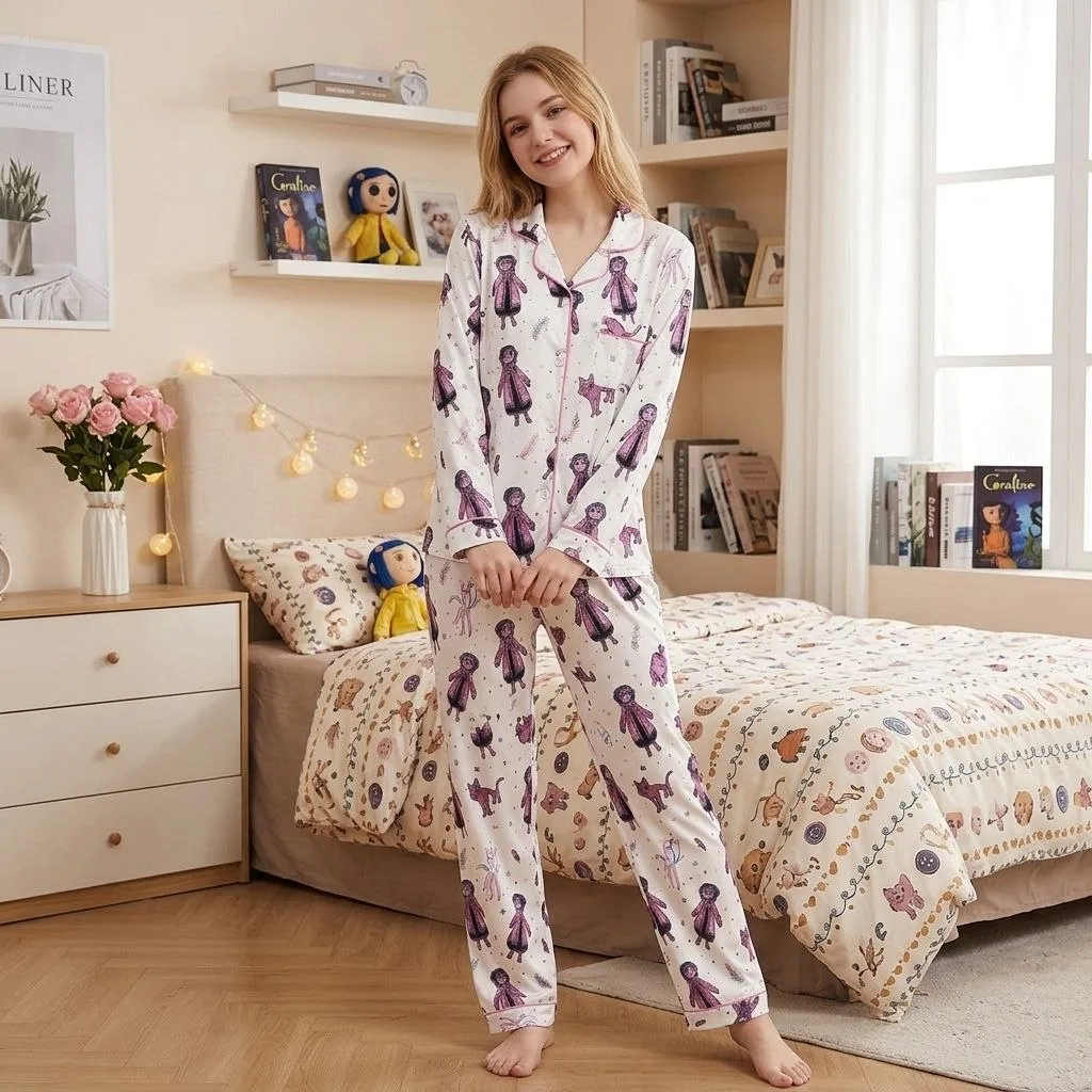 Coraline Movie Satin Pajamas Set, Cartoon Pajama Set Satin - Image 7