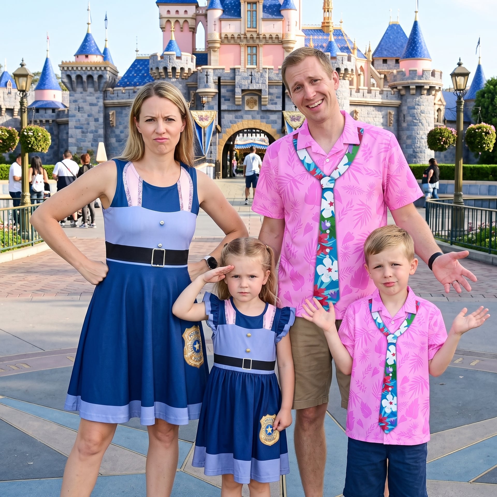 Zootopia Judy Hopps & Nick Wilde Family Matching Outfit, Blue Police Dress & Pink Hawaiian Shirt, Mother Daughter Father Son Matching Outfit, Disney Inspired Theme Park Vacation Clothing
