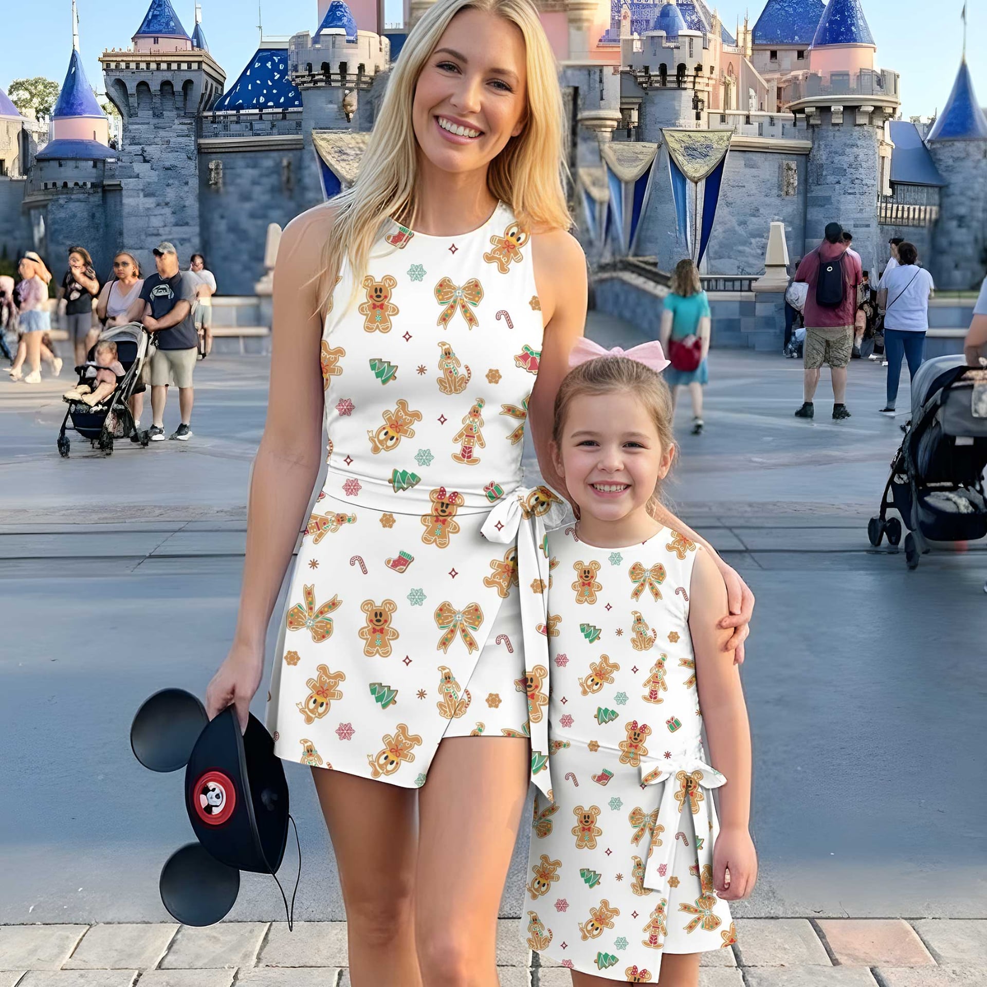 Christmas Gingerbread Inspired Mother Daughter Matching Tennis Dress, Holiday Cookie Print Bow Skort Dress, Festive Character Outfit, Theme Park Christmas Vacation Clothing, Cute Mommy and Me Outfit
