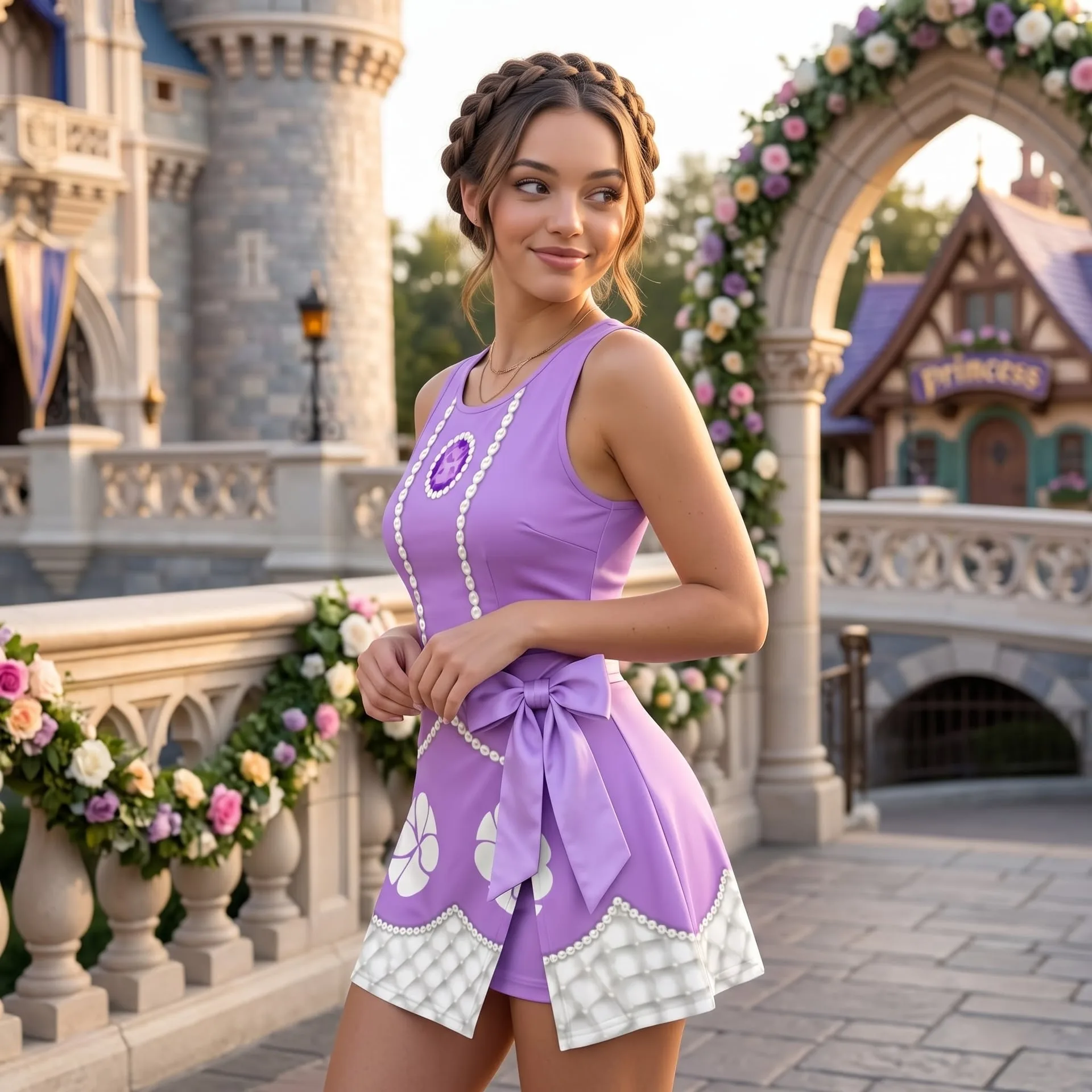 Princess Purple Tennis Dress, Pearl Mirror Detail & Bow Skort Dress, Fairy Tale Character Outfit, Theme Park Vacation Dress, Cute Summer Princess Clothing - Image 3