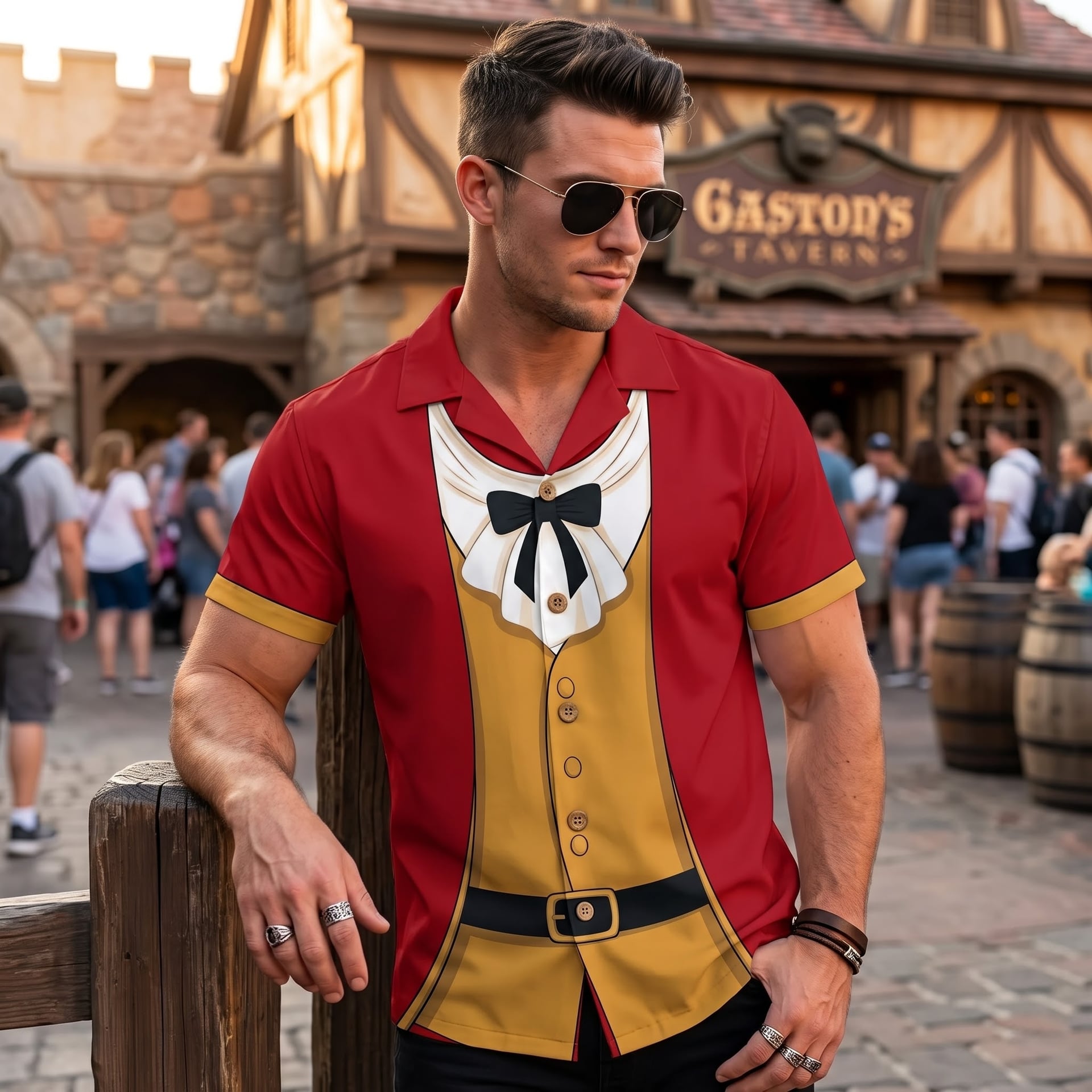 Gaston Inspired Hawaiian Shirts, Red & Gold Short Sleeve Character Shirt, Fairy Tale Villain Outfit, Theme Park Vacation Shirt, Summer Costume Clothing for Men - Image 2
