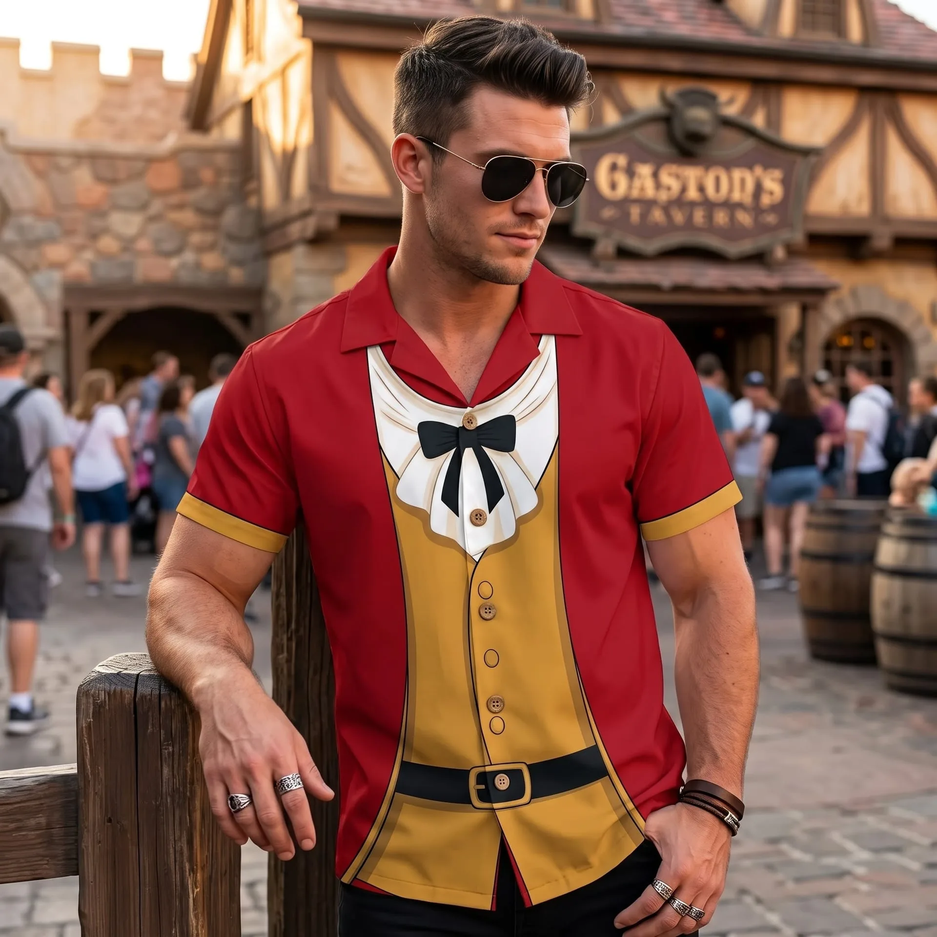 Gaston Inspired Hawaiian Shirts, Red & Gold Short Sleeve Character Shirt, Fairy Tale Villain Outfit, Theme Park Vacation Shirt, Summer Costume Clothing for Men - Image 2