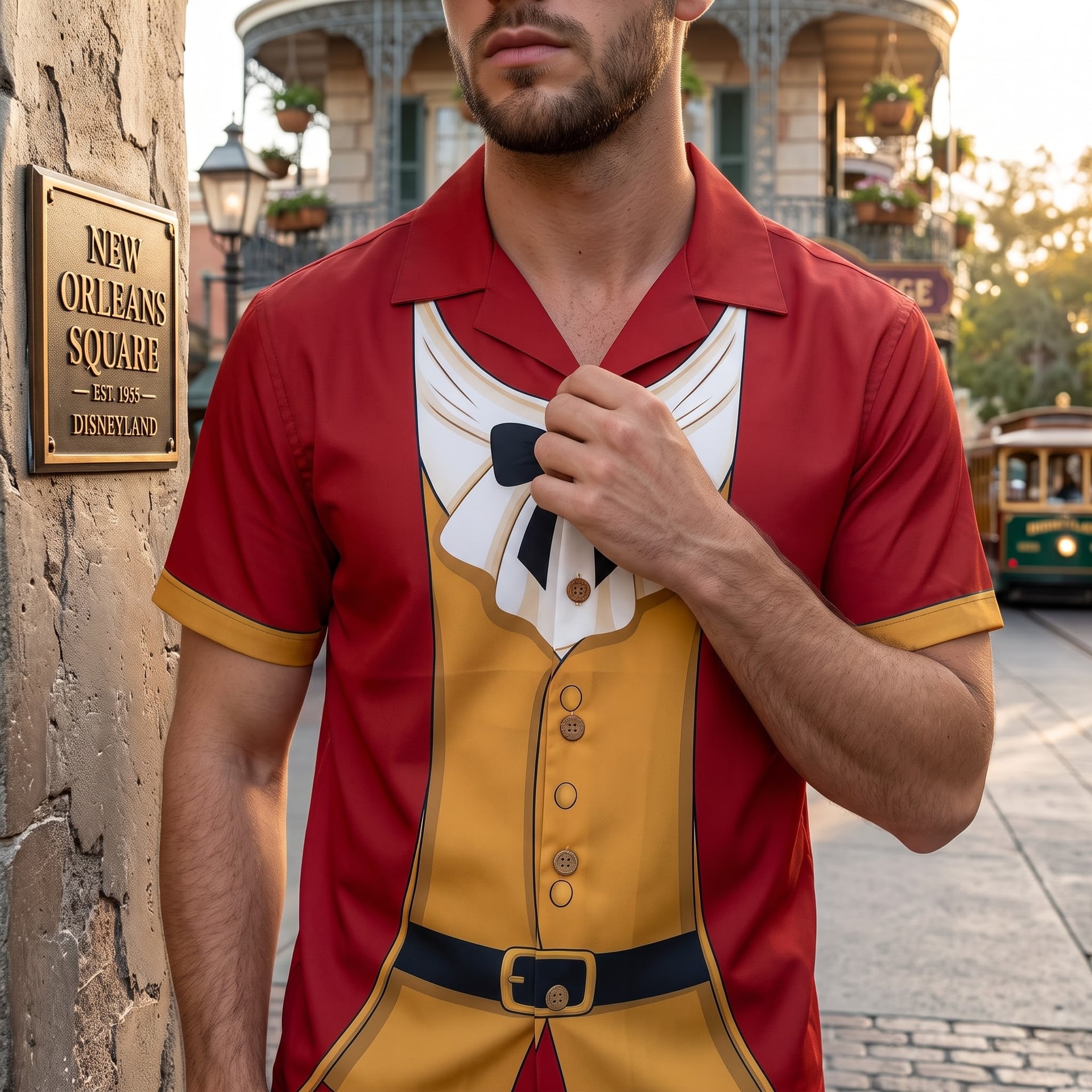 Gaston Inspired Hawaiian Shirts, Red & Gold Short Sleeve Character Shirt, Fairy Tale Villain Outfit, Theme Park Vacation Shirt, Summer Costume Clothing for Men - Image 3