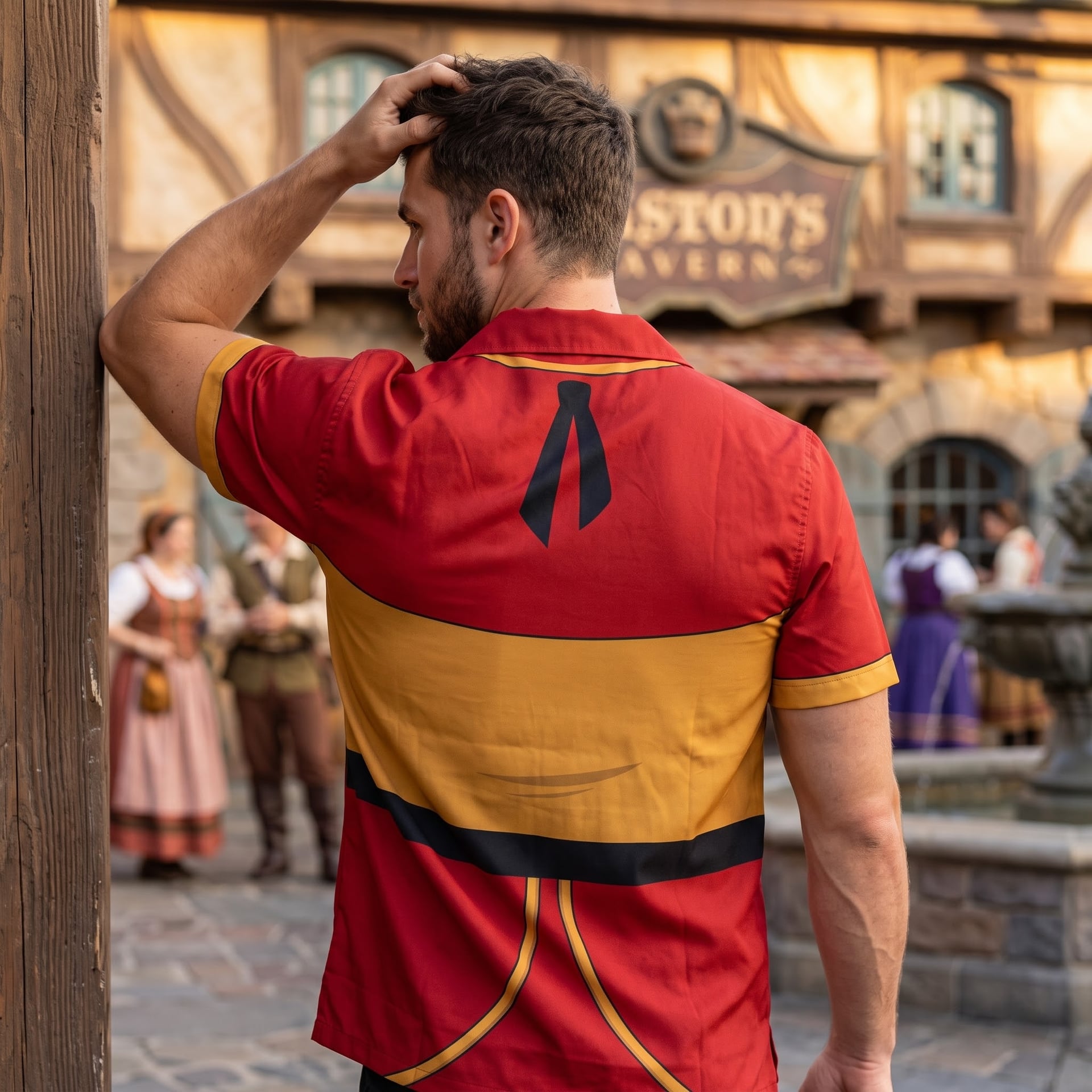 Gaston Inspired Hawaiian Shirts, Red & Gold Short Sleeve Character Shirt, Fairy Tale Villain Outfit, Theme Park Vacation Shirt, Summer Costume Clothing for Men - Image 4