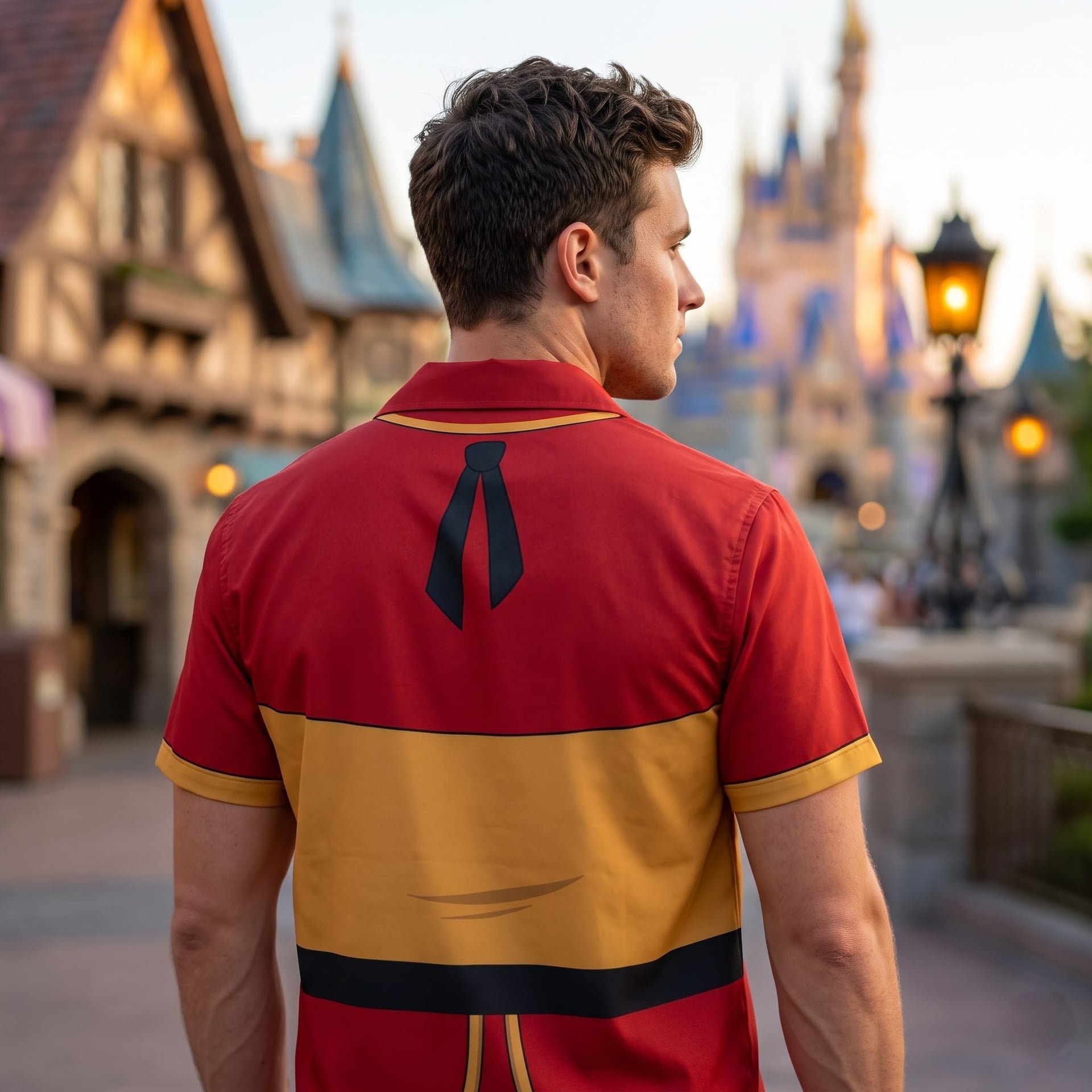 Gaston Inspired Hawaiian Shirts, Red & Gold Short Sleeve Character Shirt, Fairy Tale Villain Outfit, Theme Park Vacation Shirt, Summer Costume Clothing for Men - Image 5