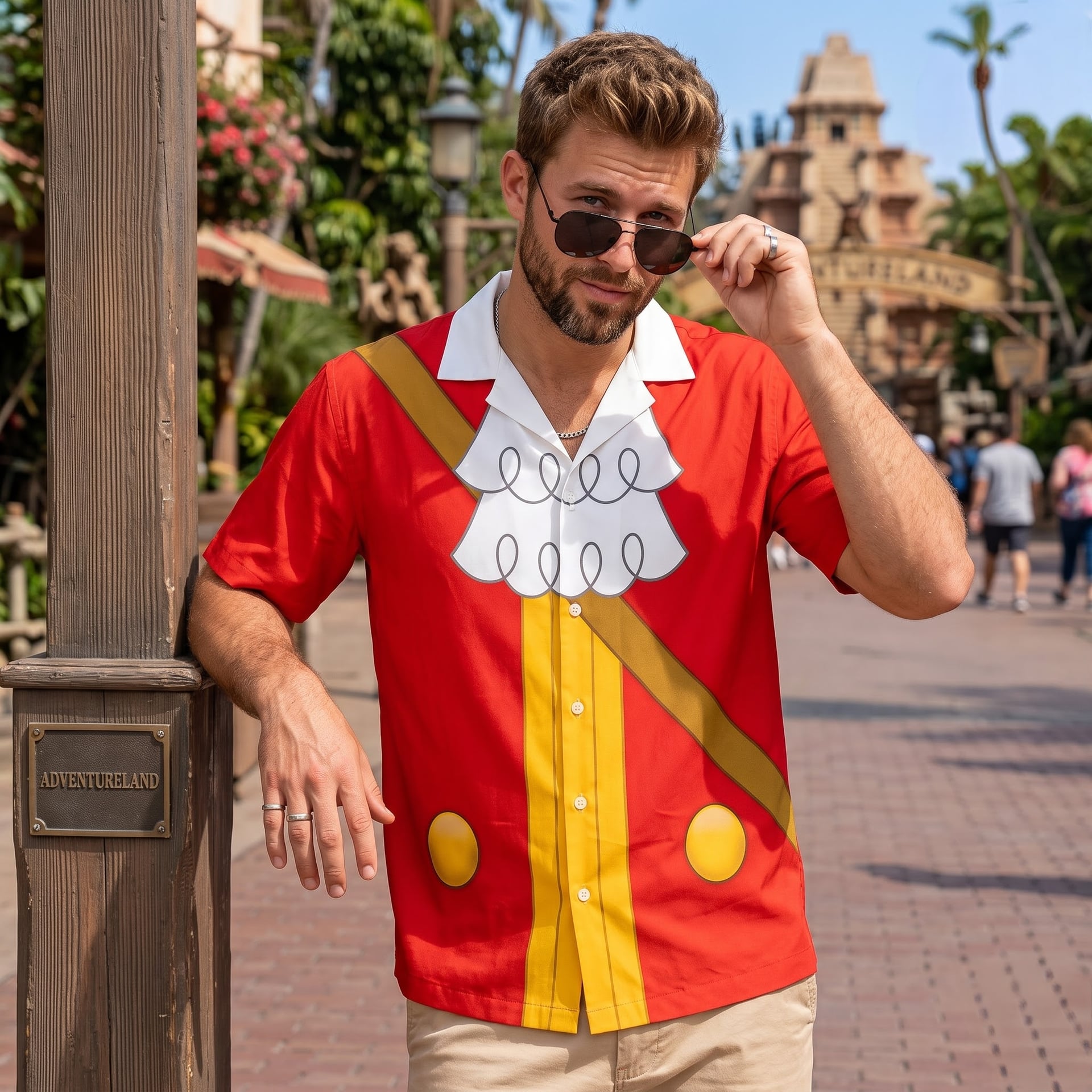 Gaston Inspired Hawaiian Shirts, Red & Yellow Short Sleeve Character Shirt, Fairy Tale Villain Outfit, Theme Park Vacation Shirt, Cute Summer Park Clothing for Men - Image 2