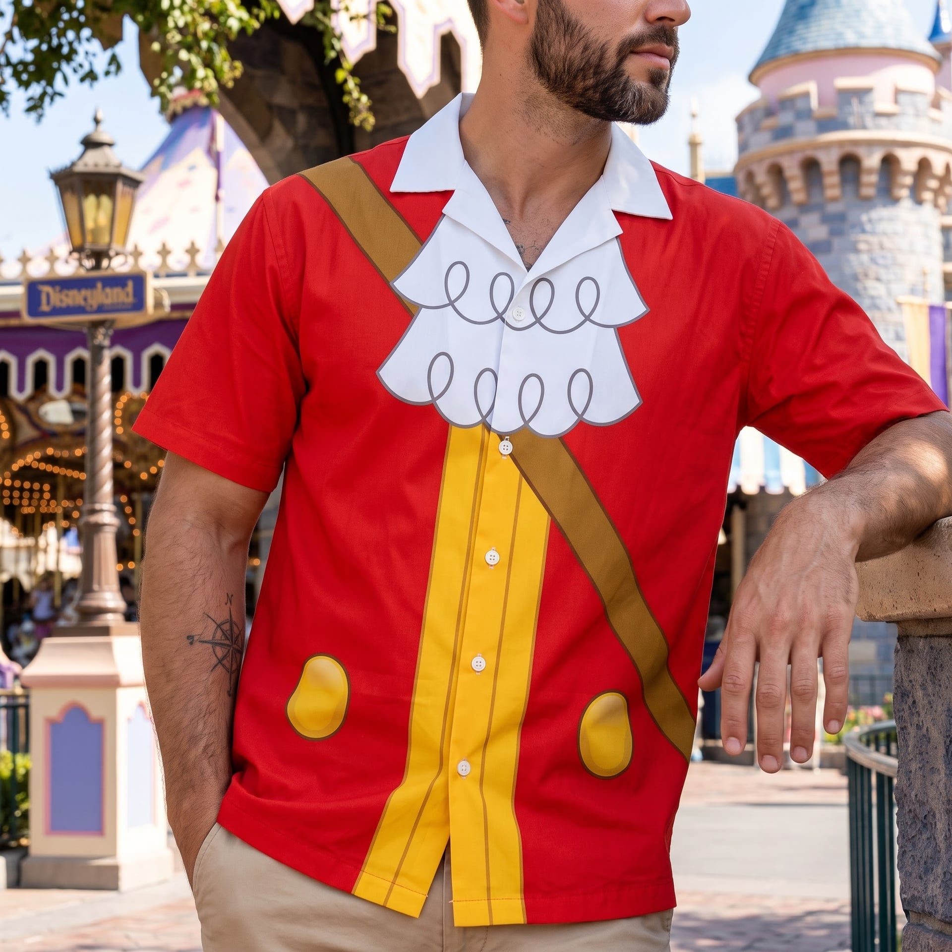 Gaston Inspired Hawaiian Shirts, Red & Yellow Short Sleeve Character Shirt, Fairy Tale Villain Outfit, Theme Park Vacation Shirt, Cute Summer Park Clothing for Men - Image 3