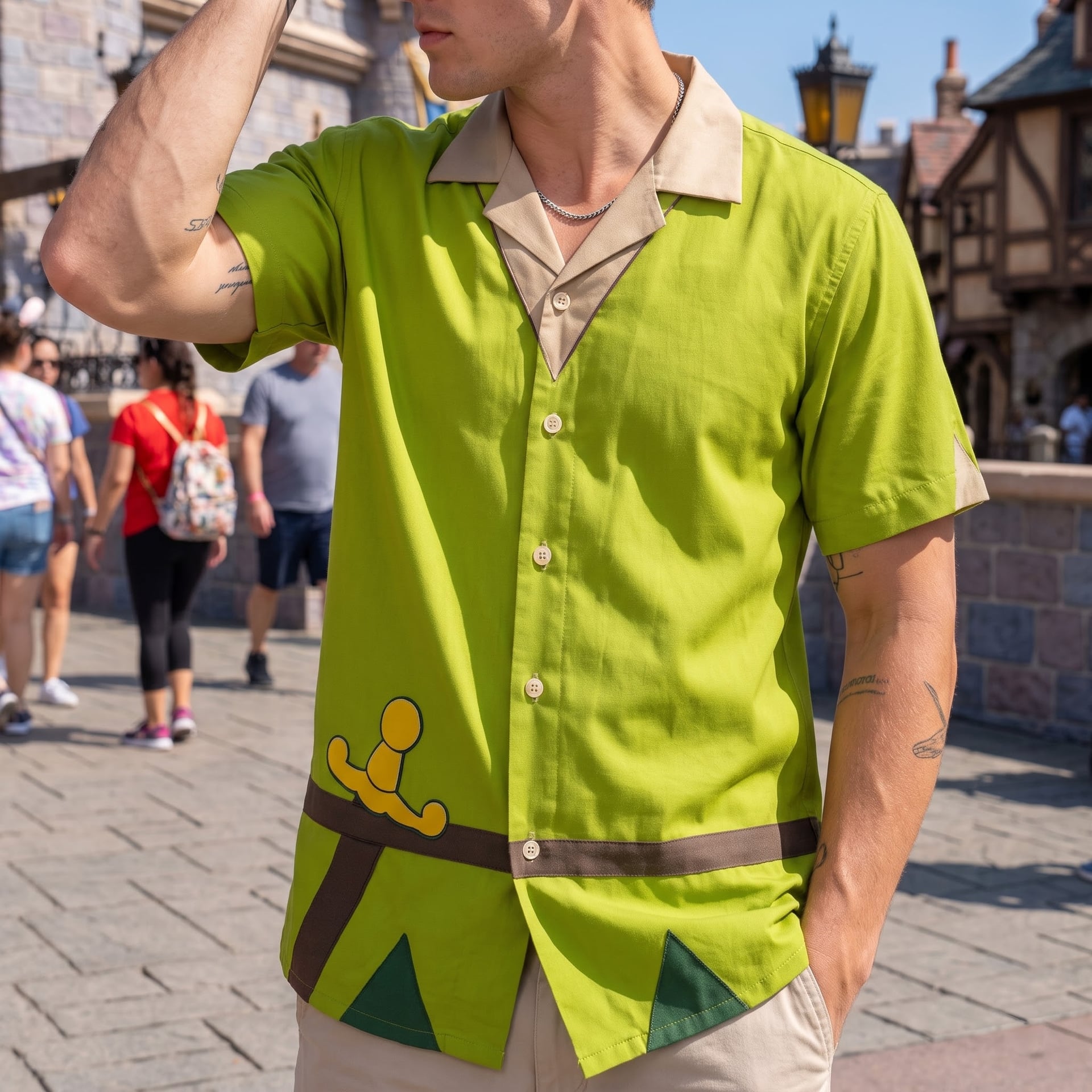 Peter Pan Inspired Hawaiian Shirts, Green Short Sleeve Shirt, Fairy Tale Character Outfit, Theme Park Vacation Shirt, Adventure Costume, Cute Summer Clothing for Men - Image 2