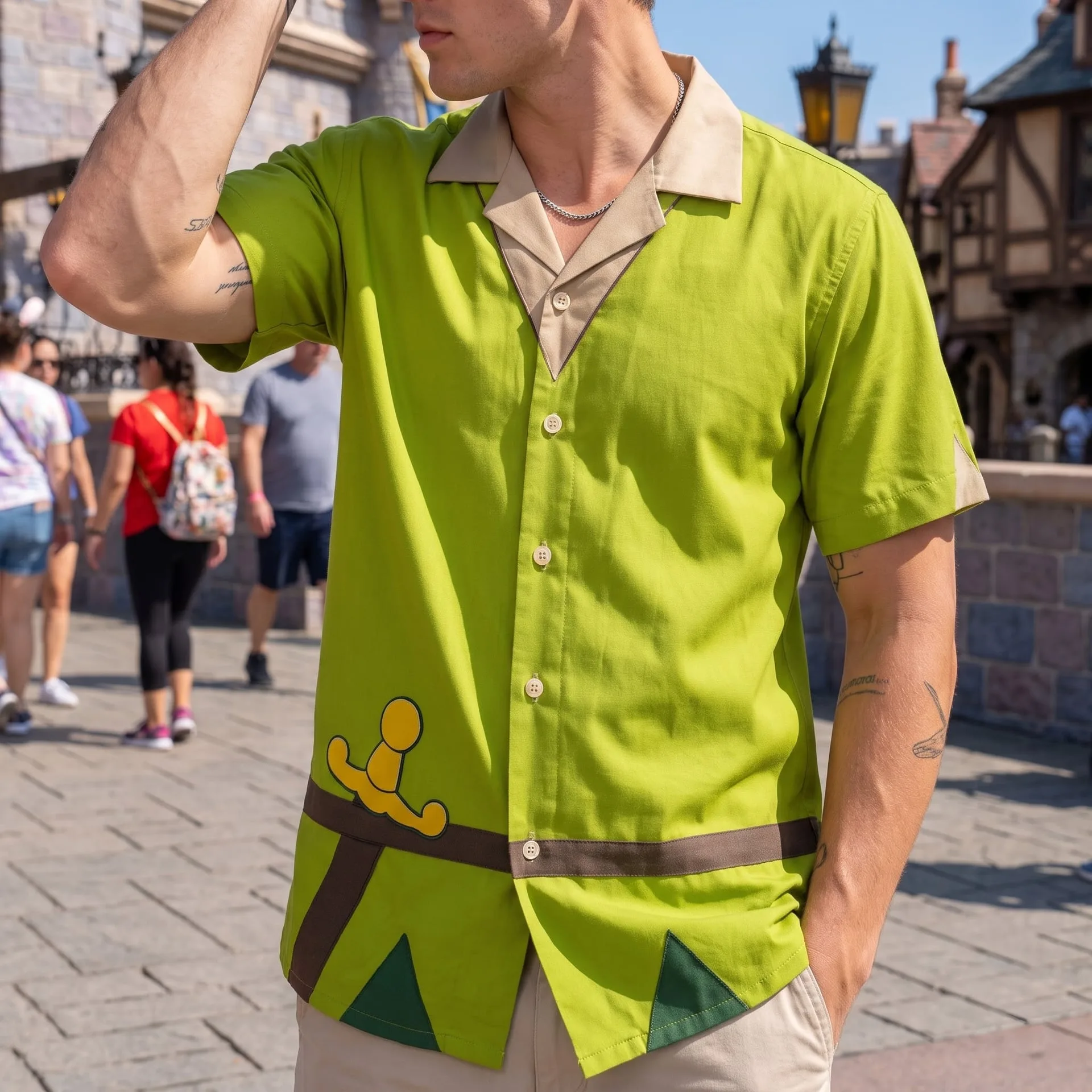 Peter Pan Inspired Hawaiian Shirts, Green Short Sleeve Shirt, Fairy Tale Character Outfit, Theme Park Vacation Shirt, Adventure Costume, Cute Summer Clothing for Men - Image 2