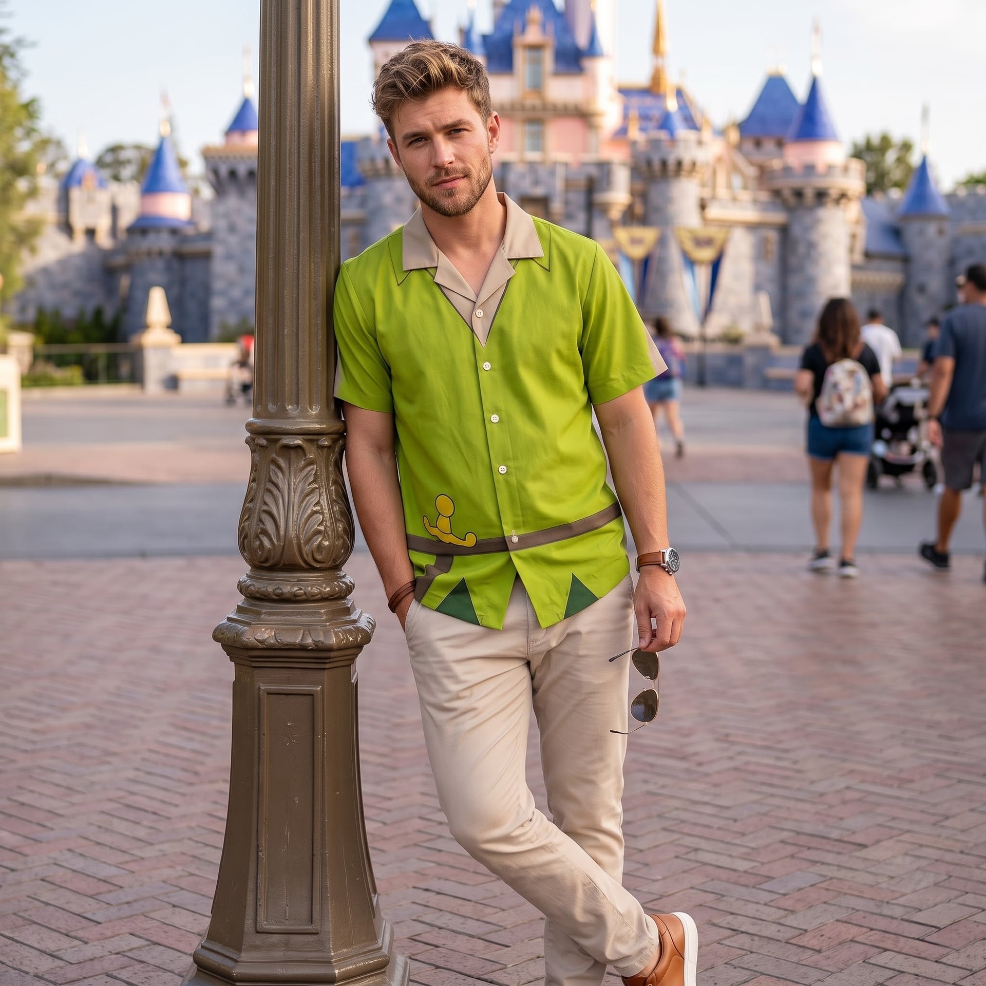 Peter Pan Inspired Hawaiian Shirts, Green Short Sleeve Shirt, Fairy Tale Character Outfit, Theme Park Vacation Shirt, Adventure Costume, Cute Summer Clothing for Men - Image 3