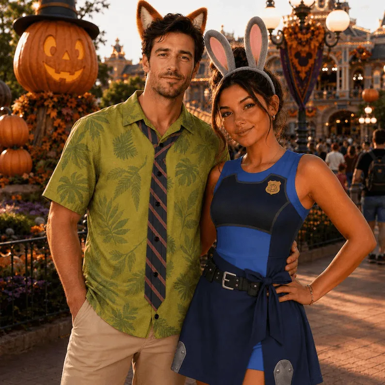 Zootopia Inspired Matching Couple Outfit, Nick Wilde Hawaiian Shirt & Judy Hopps Tennis Dress, Cartoon Character Outfit, Theme Park Vacation Clothing, Cute Couple Park Outfit - Image 3