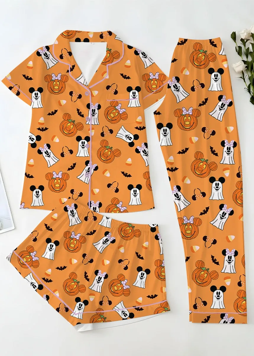 Mickey & Minnie Halloween Pajama Set, Orange Pumpkin & Ghost Print Long Sleeve Sleepwear, Spooky Character Pajamas, Halloween Nightwear, Cute Fall Loungewear for Women - Image 3