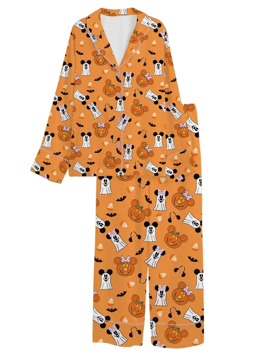 Mickey & Minnie Halloween Pajama Set, Orange Pumpkin & Ghost Print Long Sleeve Sleepwear, Spooky Character Pajamas, Halloween Nightwear, Cute Fall Loungewear for Women - Image 2