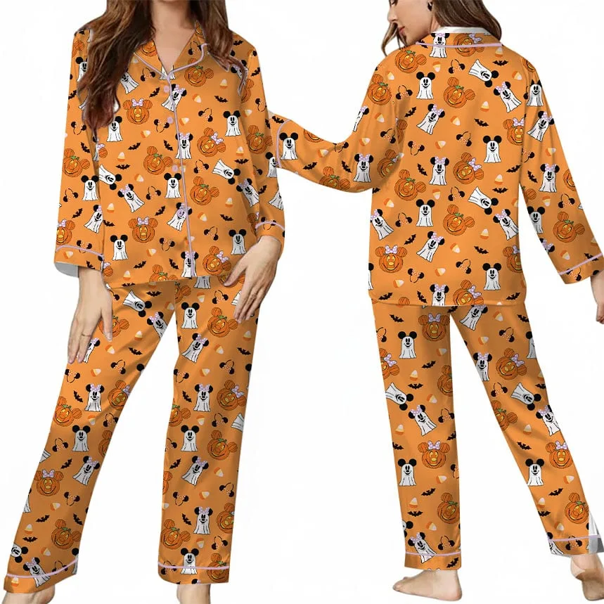 Mickey & Minnie Halloween Pajama Set, Orange Pumpkin & Ghost Print Long Sleeve Sleepwear, Spooky Character Pajamas, Halloween Nightwear, Cute Fall Loungewear for Women - Image 4